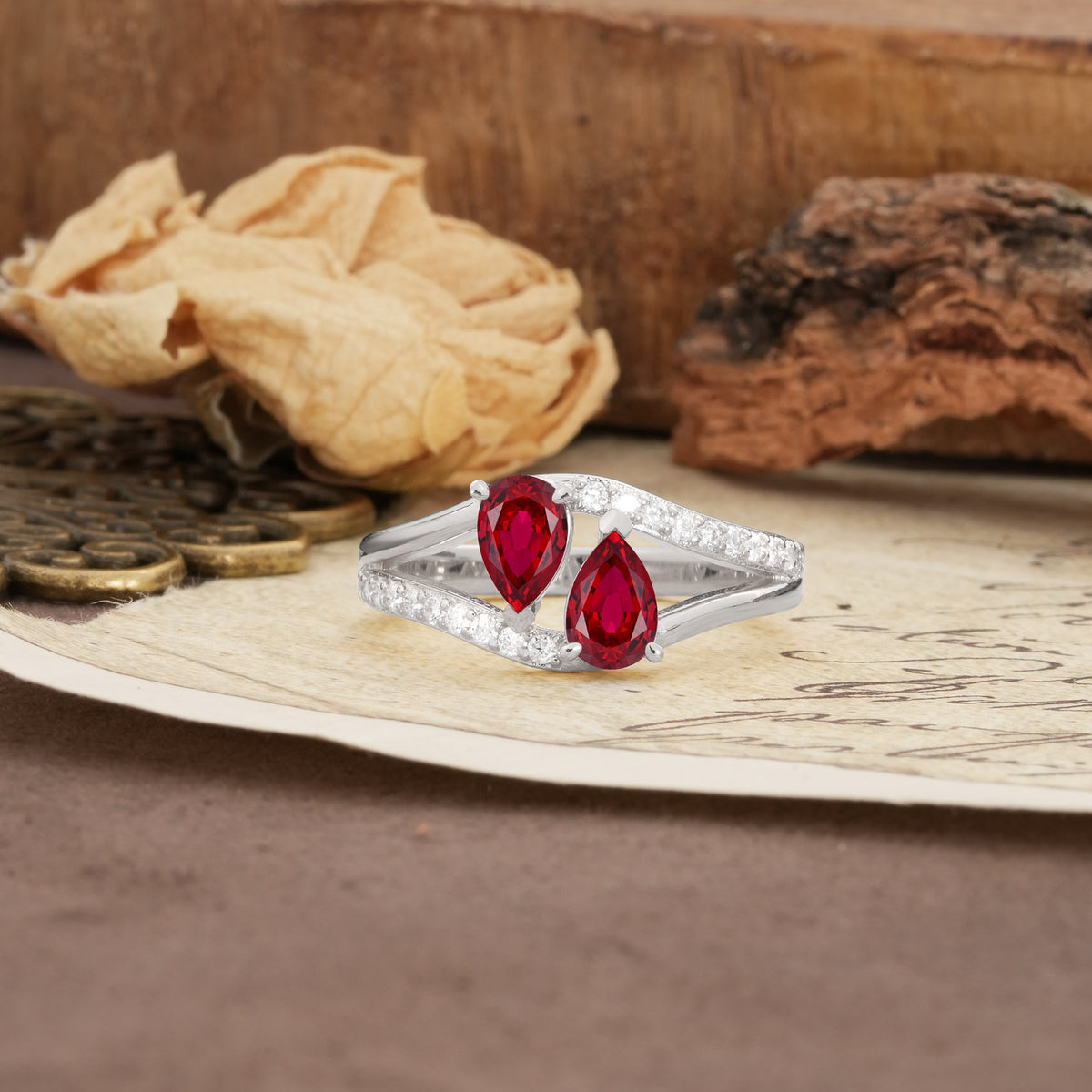 Luxurious 3-Prong Double Pear-Cut Ruby Engagement Ring - Additional view
