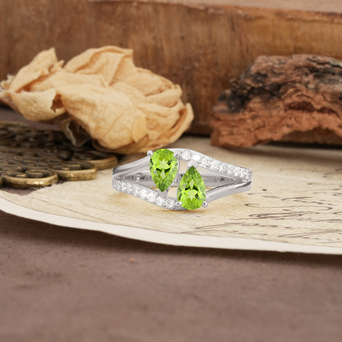 Luxurious 3-Prong Double Pear-Cut Peridot Engagement Ring - Additional view