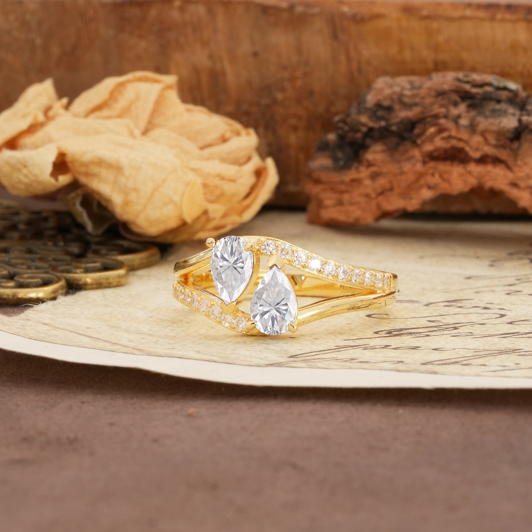 Luxurious 3-Prong Double Pear-Cut Moissanite Engagement Ring - Additional view