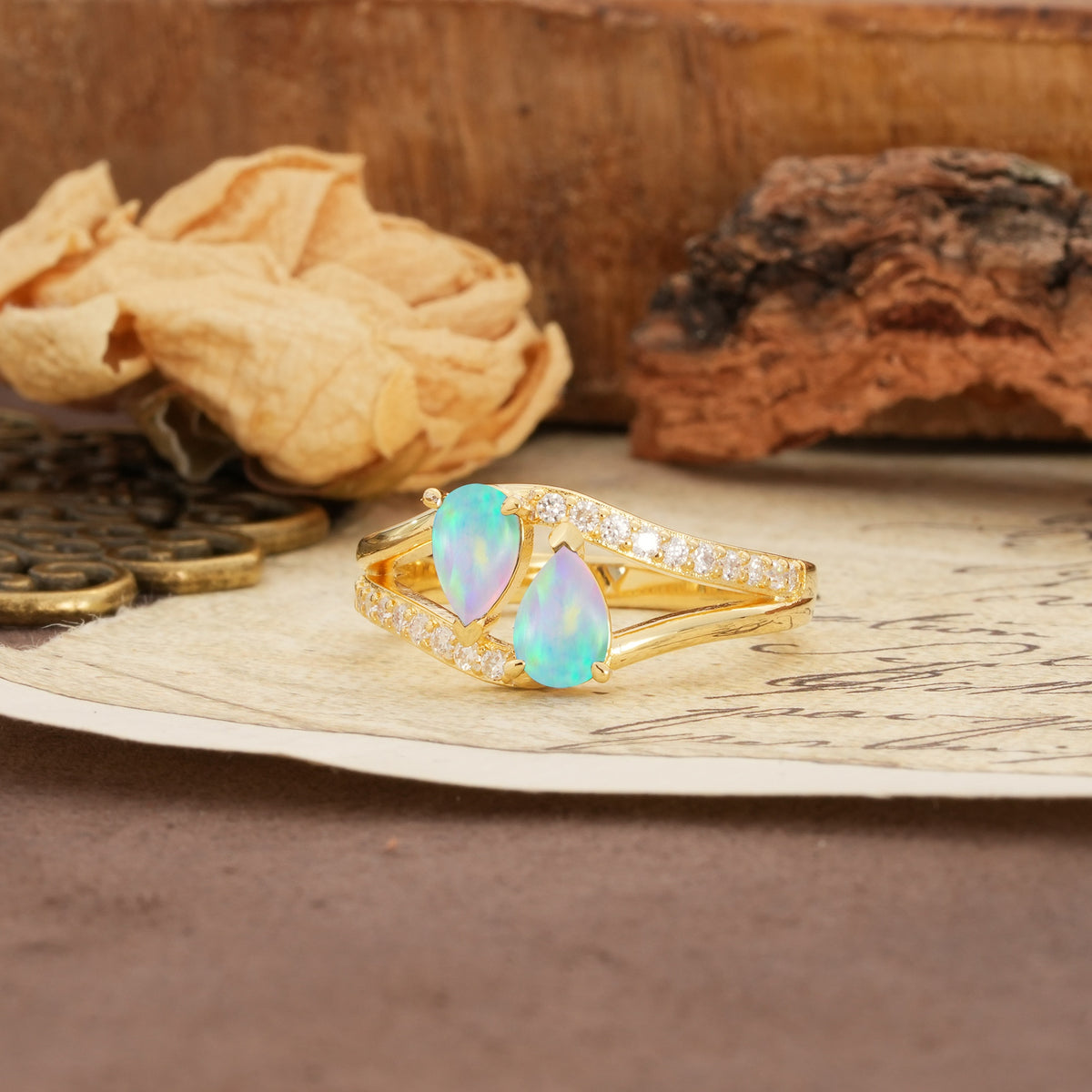 Luxurious 3-Prong Double Pear-Cut Fire Opal Engagement Ring - Additional view