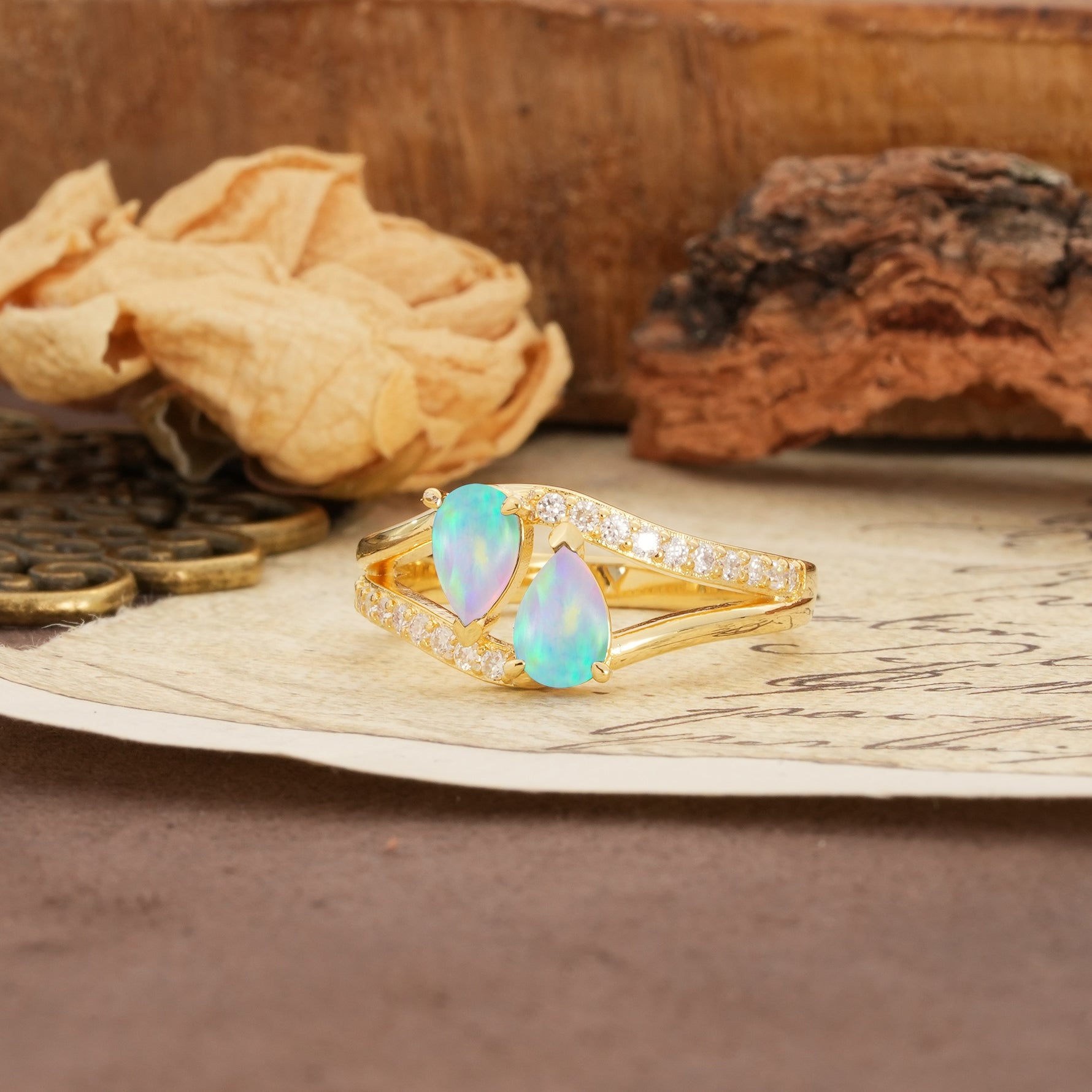 Luxurious 3-Prong Double Pear-Cut Fire Opal Engagement Ring - Additional view
