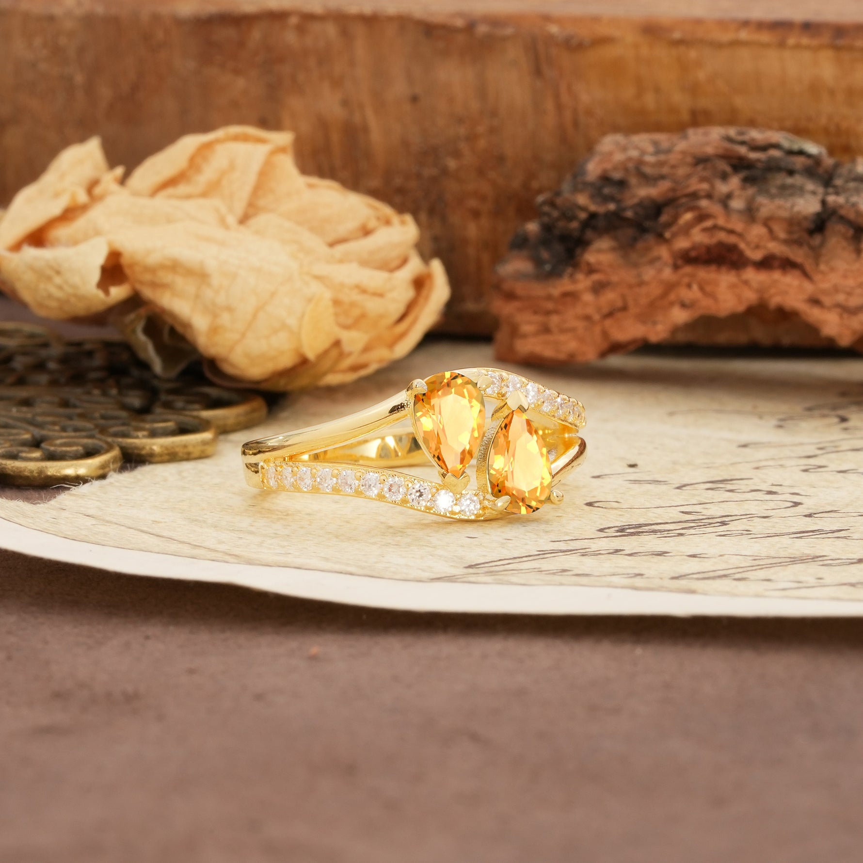 Luxurious 3-Prong Double Pear-Cut Citrine Engagement Ring - Additional view