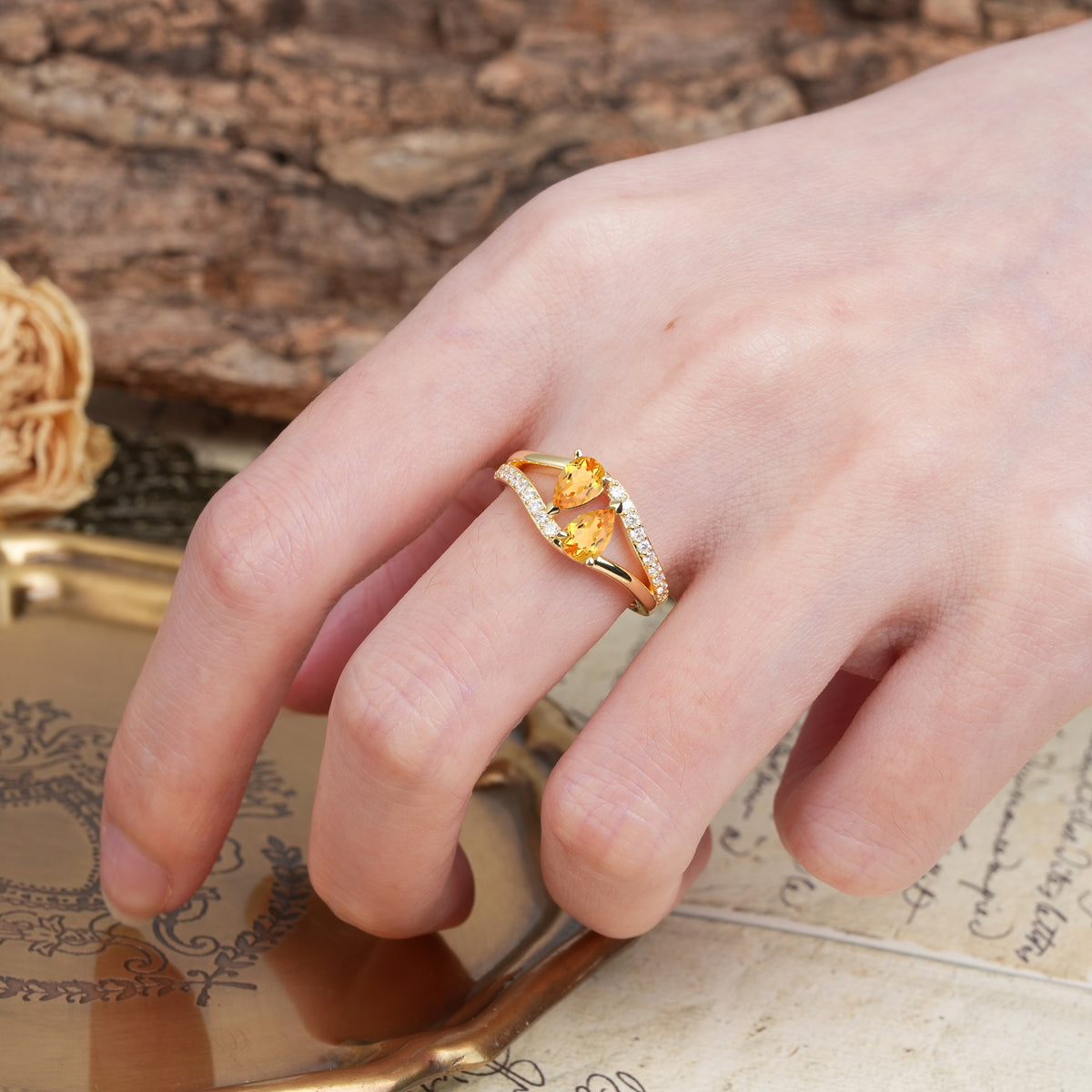 Luxurious 3-Prong Double Pear-Cut Citrine Engagement Ring - Additional view