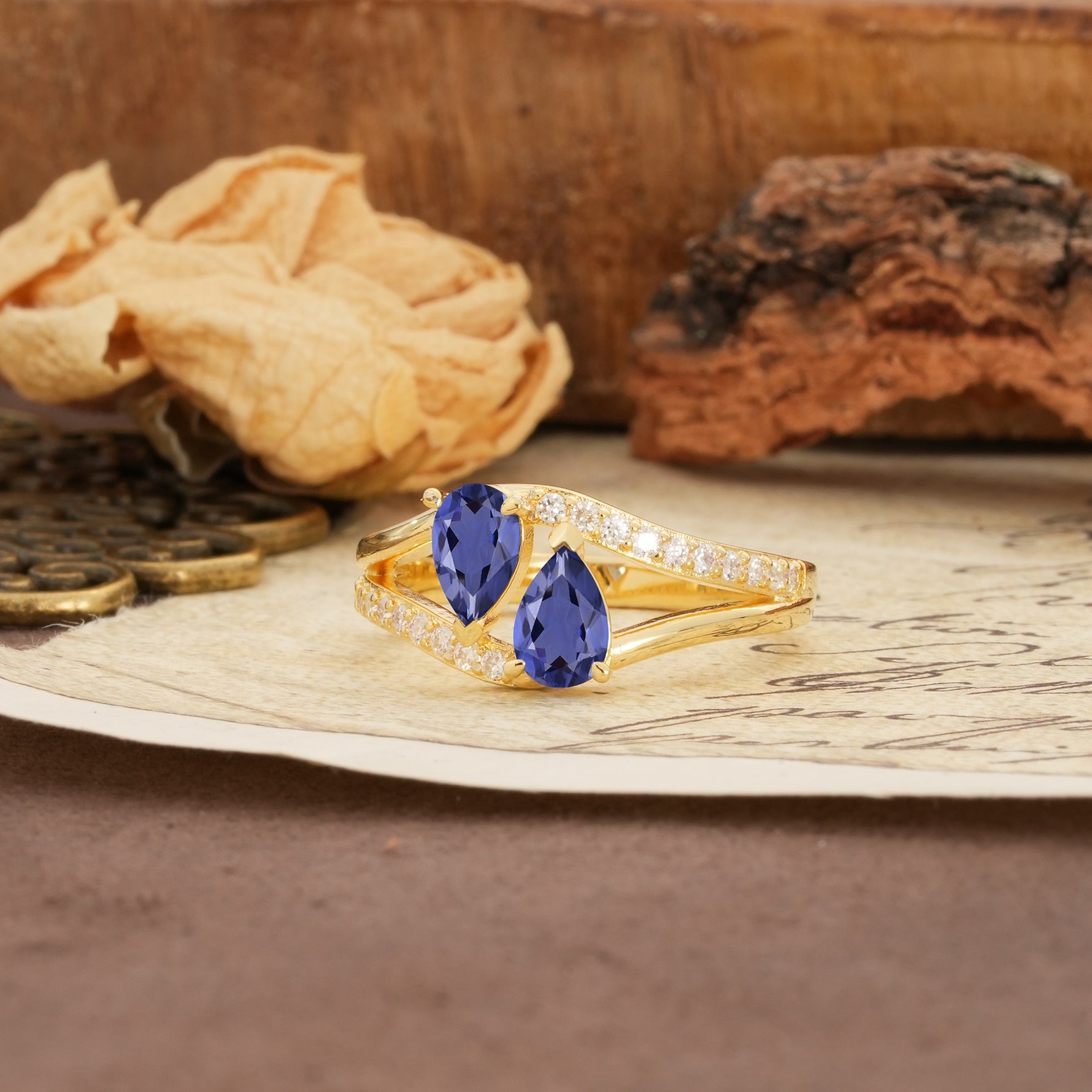 Luxurious 3-Prong Double Pear-Cut Tanzanite Engagement Ring - Additional view