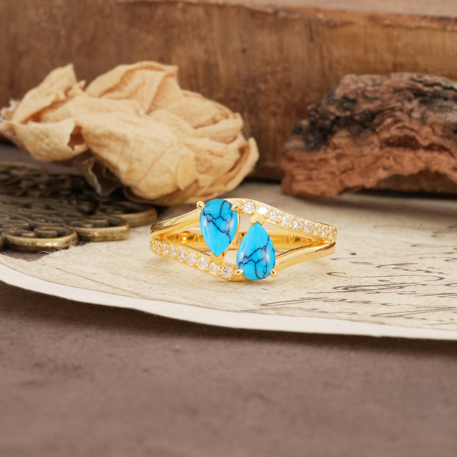 Luxurious 3-Prong Double Pear-Cut Turquoise Engagement Ring - Additional view