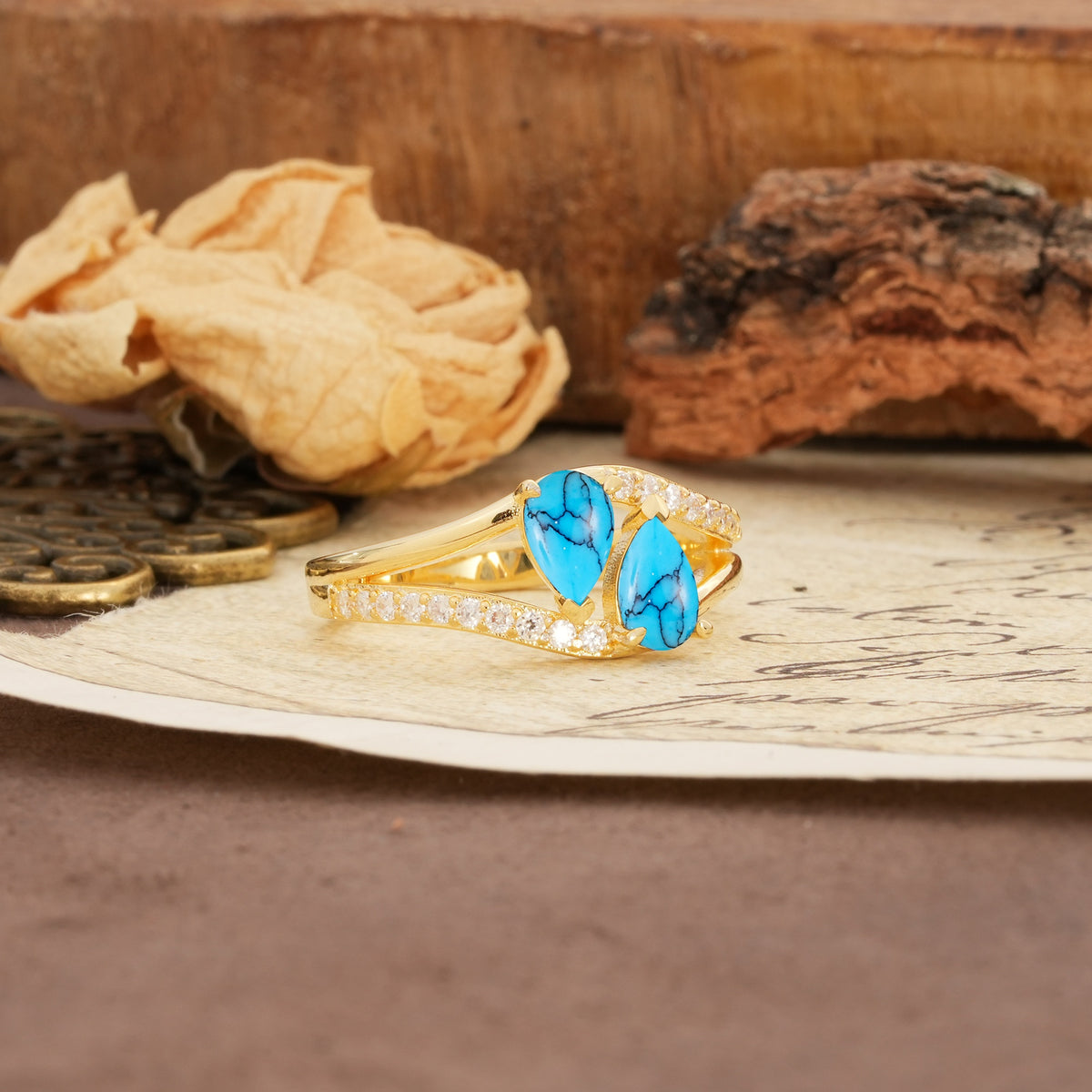 Luxurious 3-Prong Double Pear-Cut Turquoise Engagement Ring - Additional view