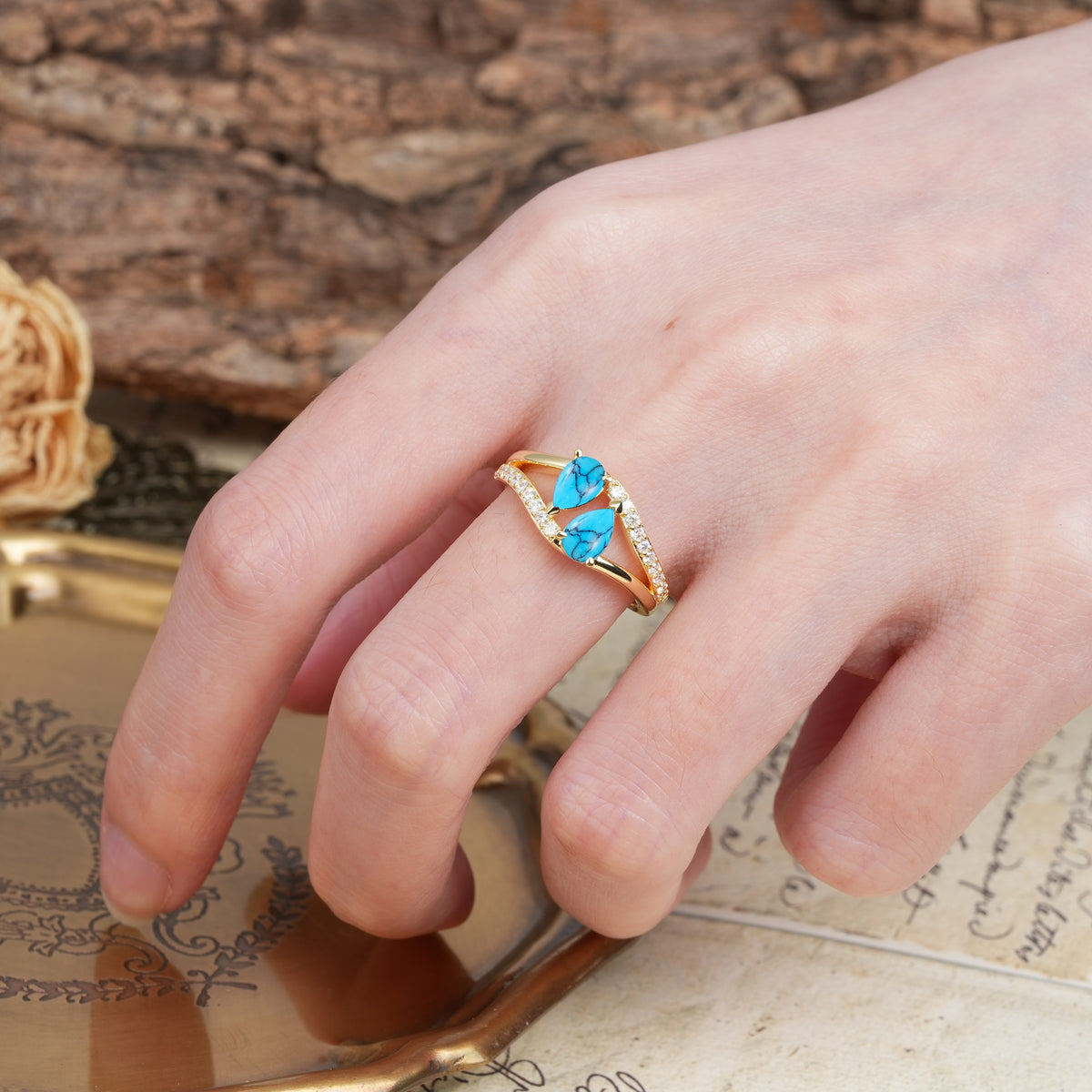 Luxurious 3-Prong Double Pear-Cut Turquoise Engagement Ring - Additional view