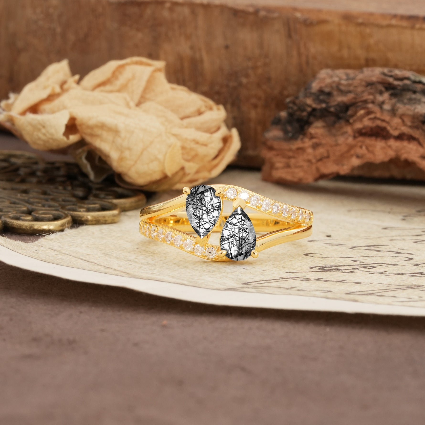 Luxurious 3-Prong Double Pear-Cut Black Rutilated Quartz Engagement Ring - Additional view