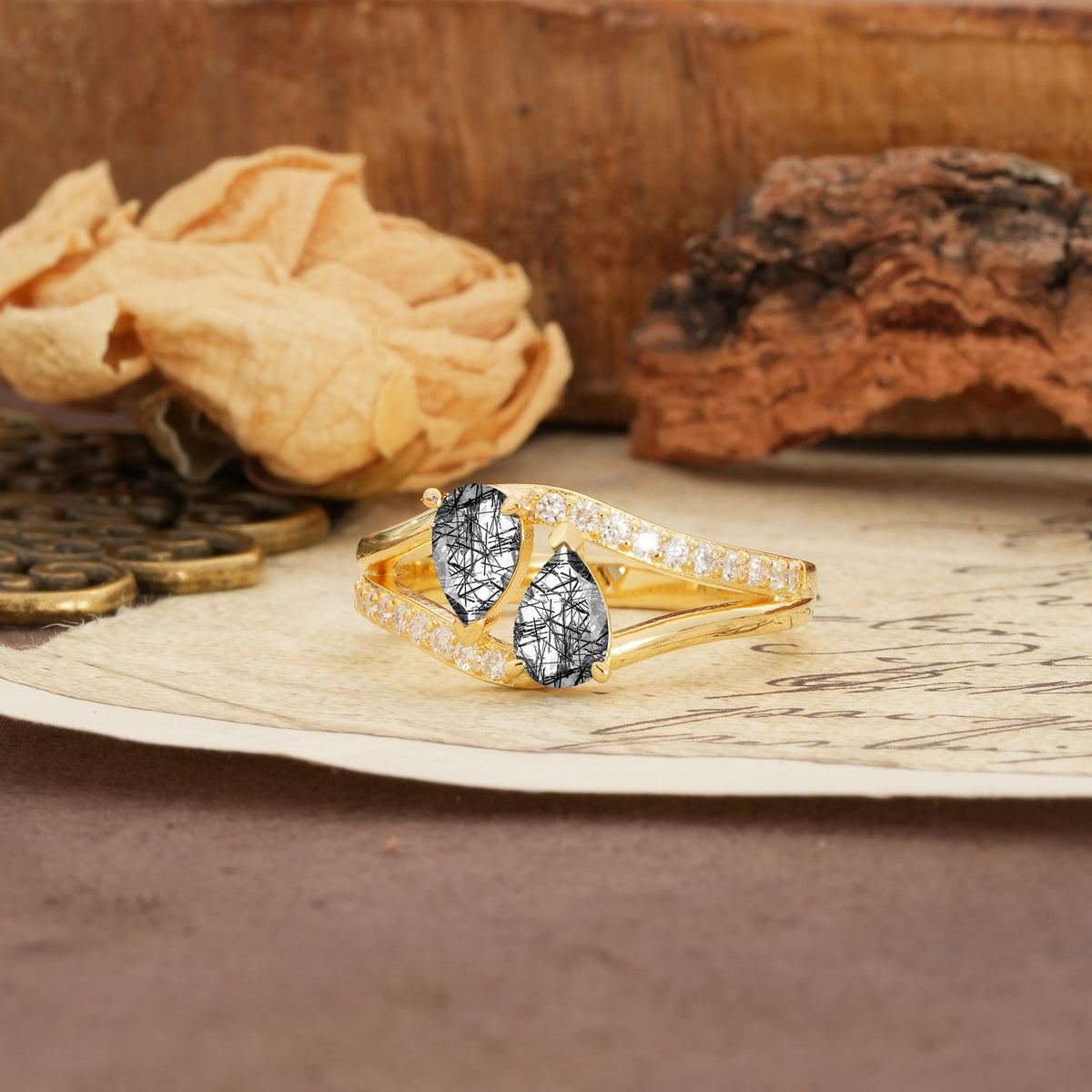 Luxurious 3-Prong Double Pear-Cut Black Rutilated Quartz Engagement Ring - Additional view