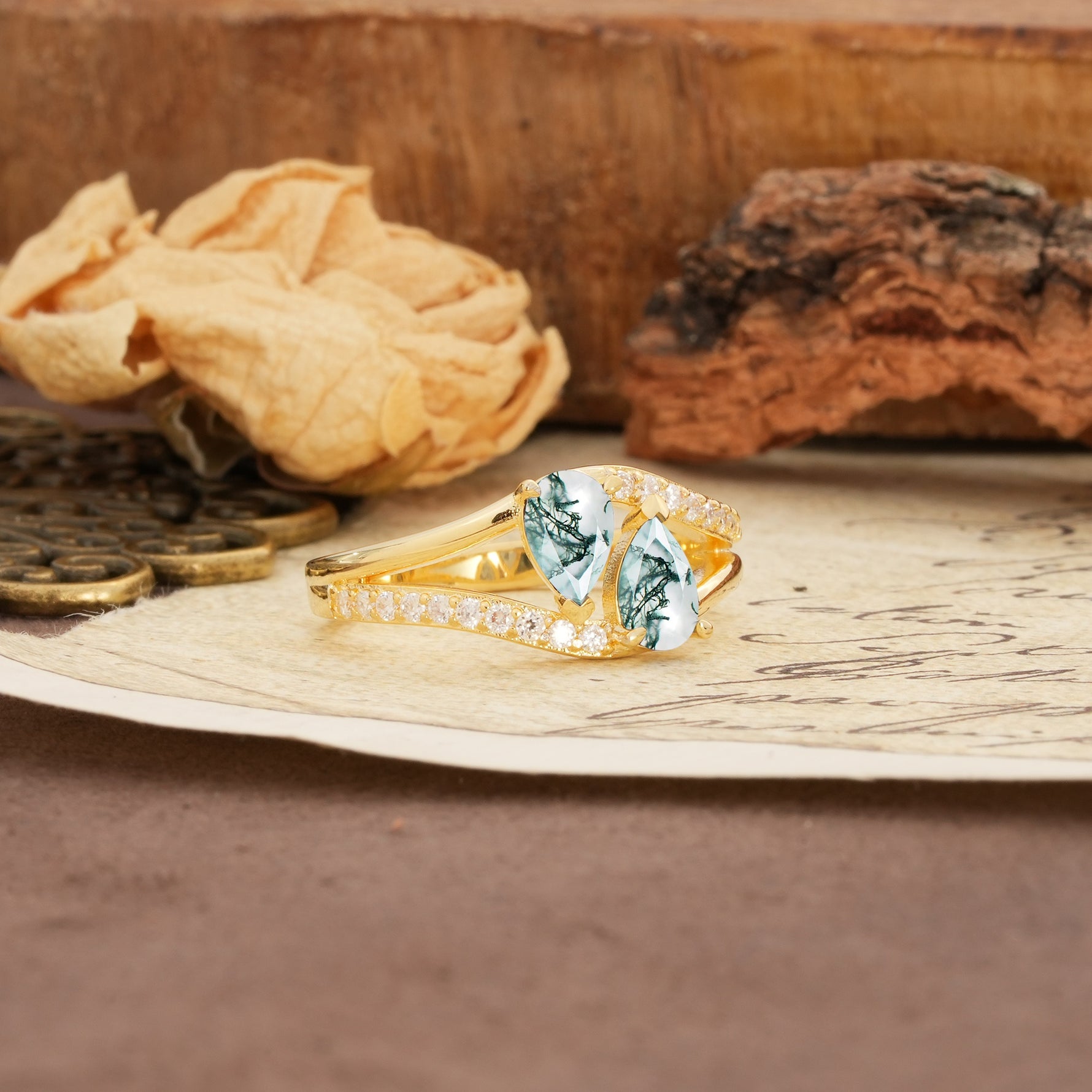 Luxurious 3-Prong Double Pear-Cut Moss Agate Engagement Ring - Additional view