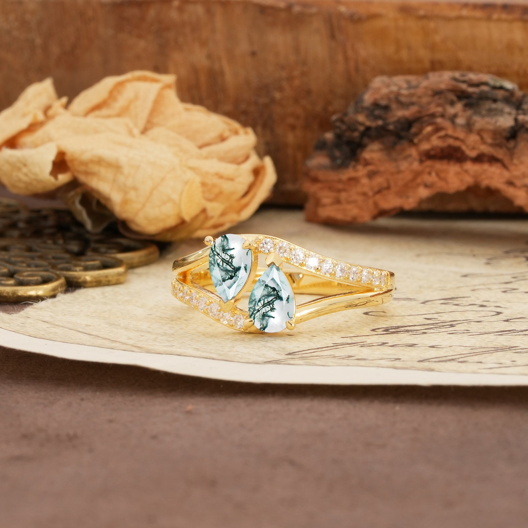 Luxurious 3-Prong Double Pear-Cut Moss Agate Engagement Ring - Additional view