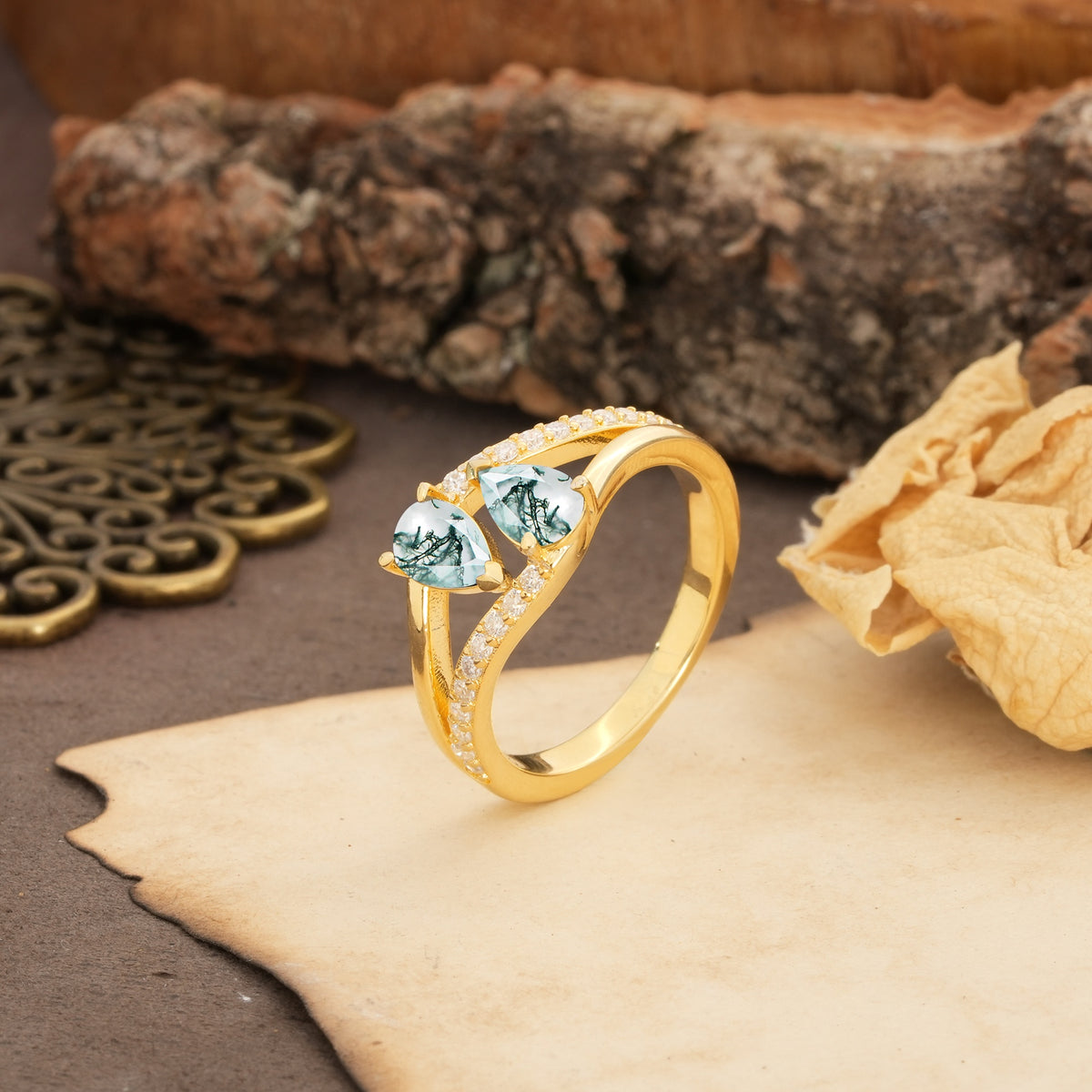 Luxurious 3-Prong Double Pear-Cut Moss Agate Engagement Ring - Additional view