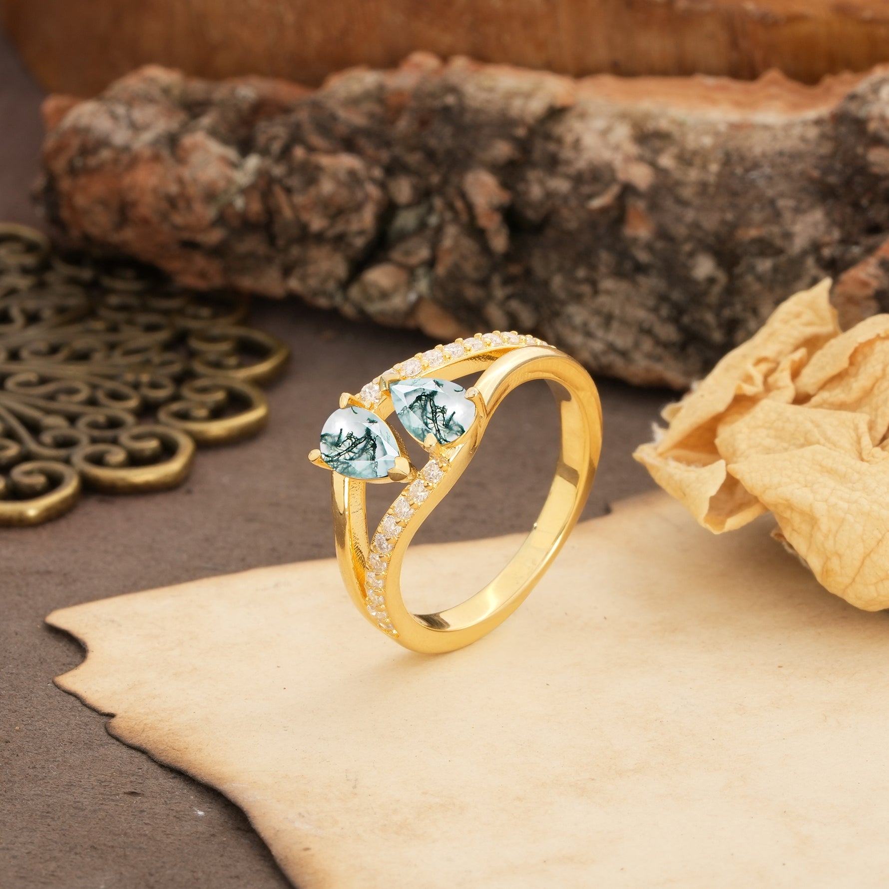 Luxurious 3-Prong Double Pear-Cut Moss Agate Engagement Ring - Additional view