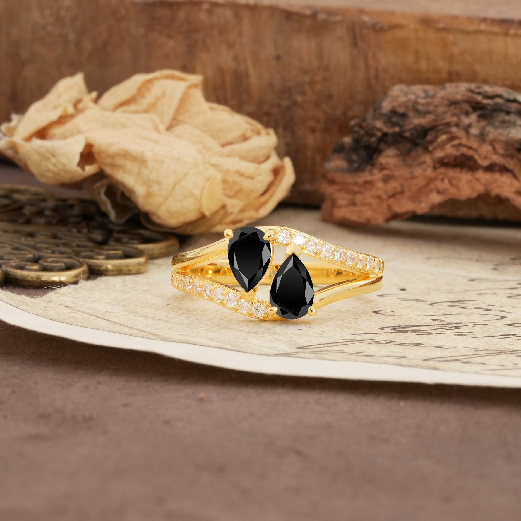 Luxurious 3-Prong Double Pear-Cut Black Onyx Engagement Ring - Additional view