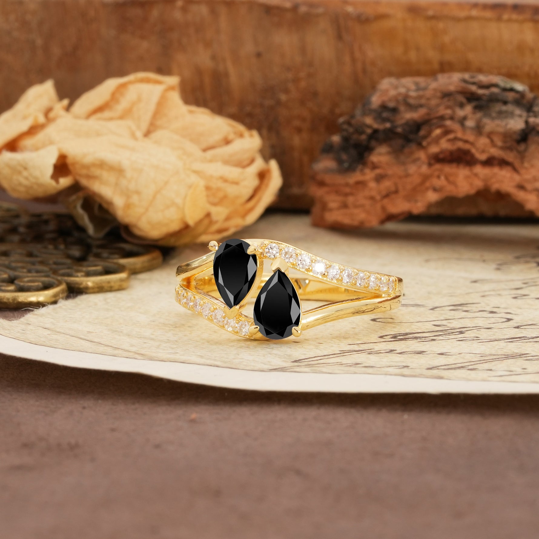 Luxurious 3-Prong Double Pear-Cut Black Onyx Engagement Ring - Additional view