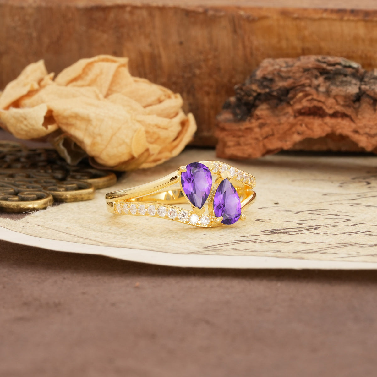 Luxurious 3-Prong Double Pear-Cut Amethyst Engagement Ring - Additional view