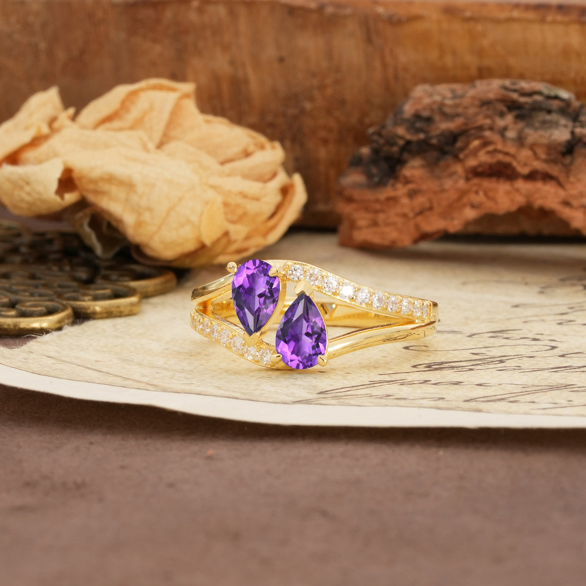 Luxurious 3-Prong Double Pear-Cut Amethyst Engagement Ring - Additional view