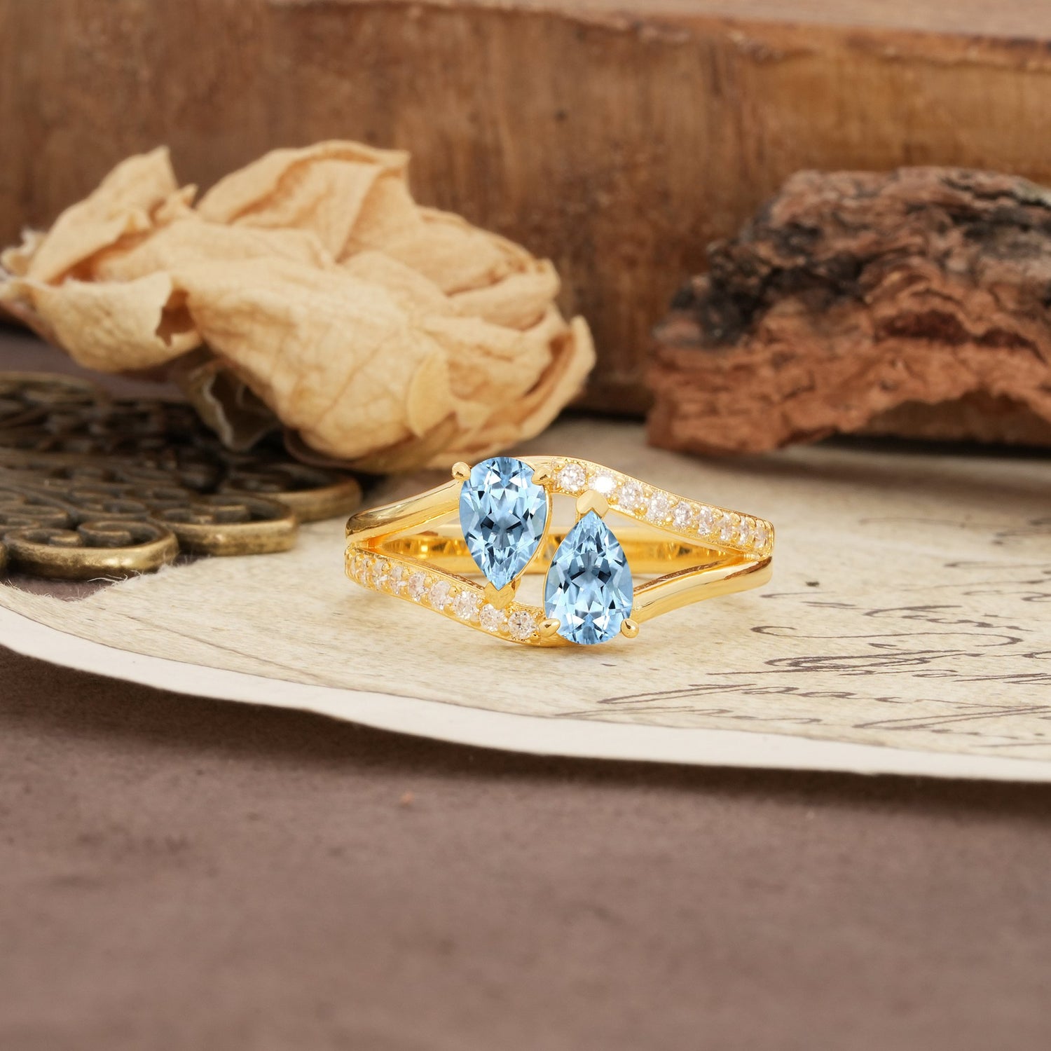 Luxurious 3-Prong Double Pear-Cut Aquamarine Engagement Ring