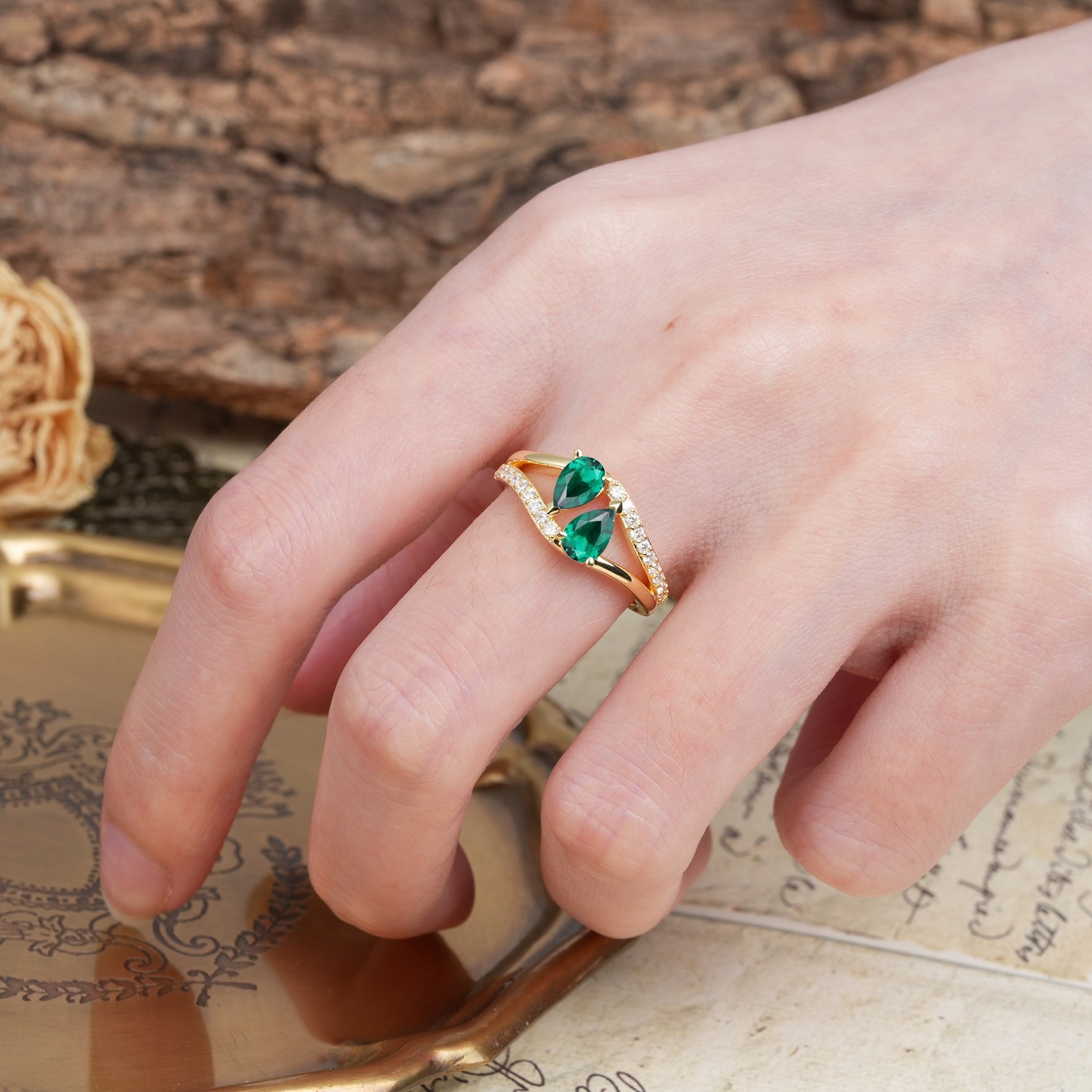 Luxurious 3-Prong Double Pear-Cut Emerald Engagement Ring - Additional view