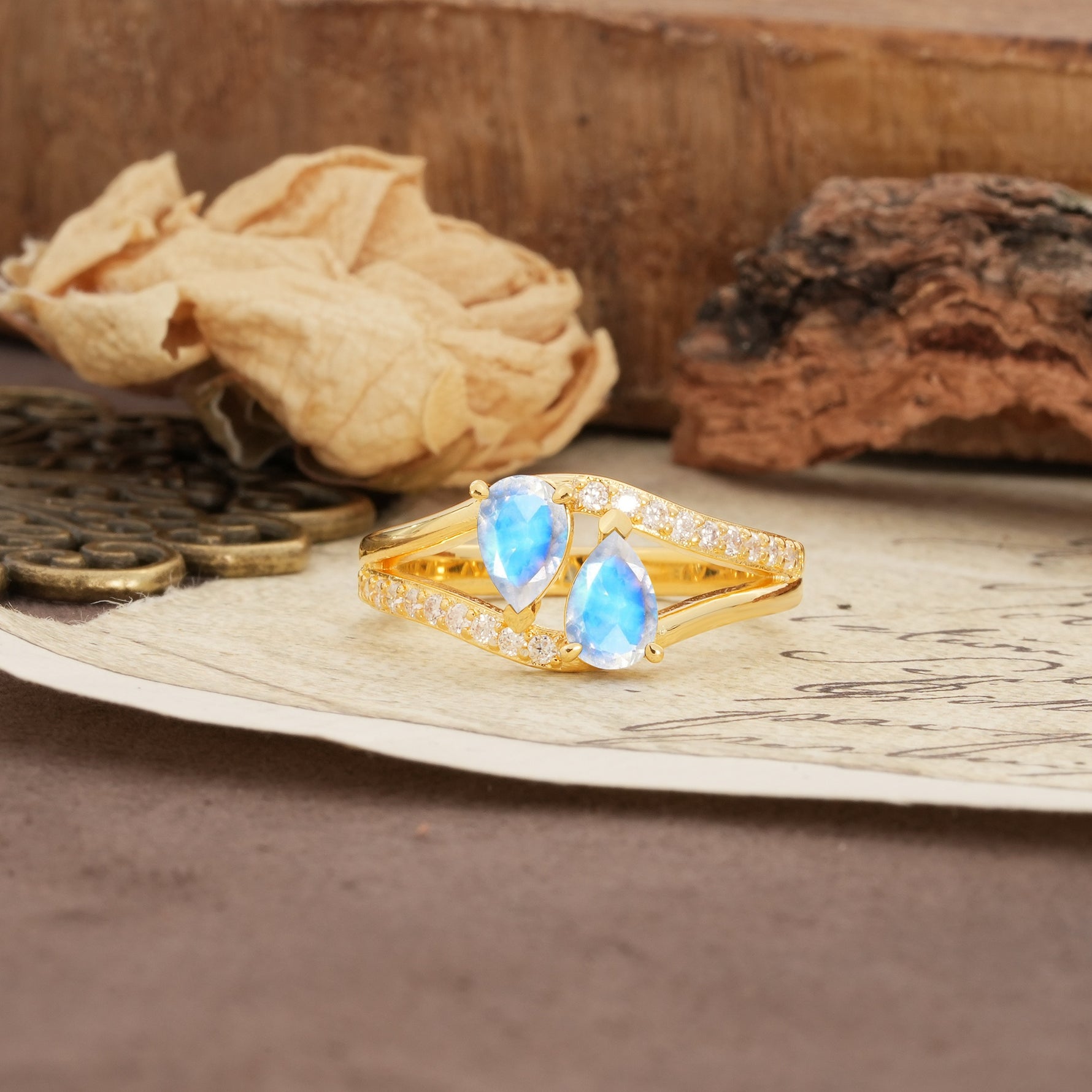Luxurious 3-Prong Double Pear-Cut Moonstone Engagement Ring - Additional view