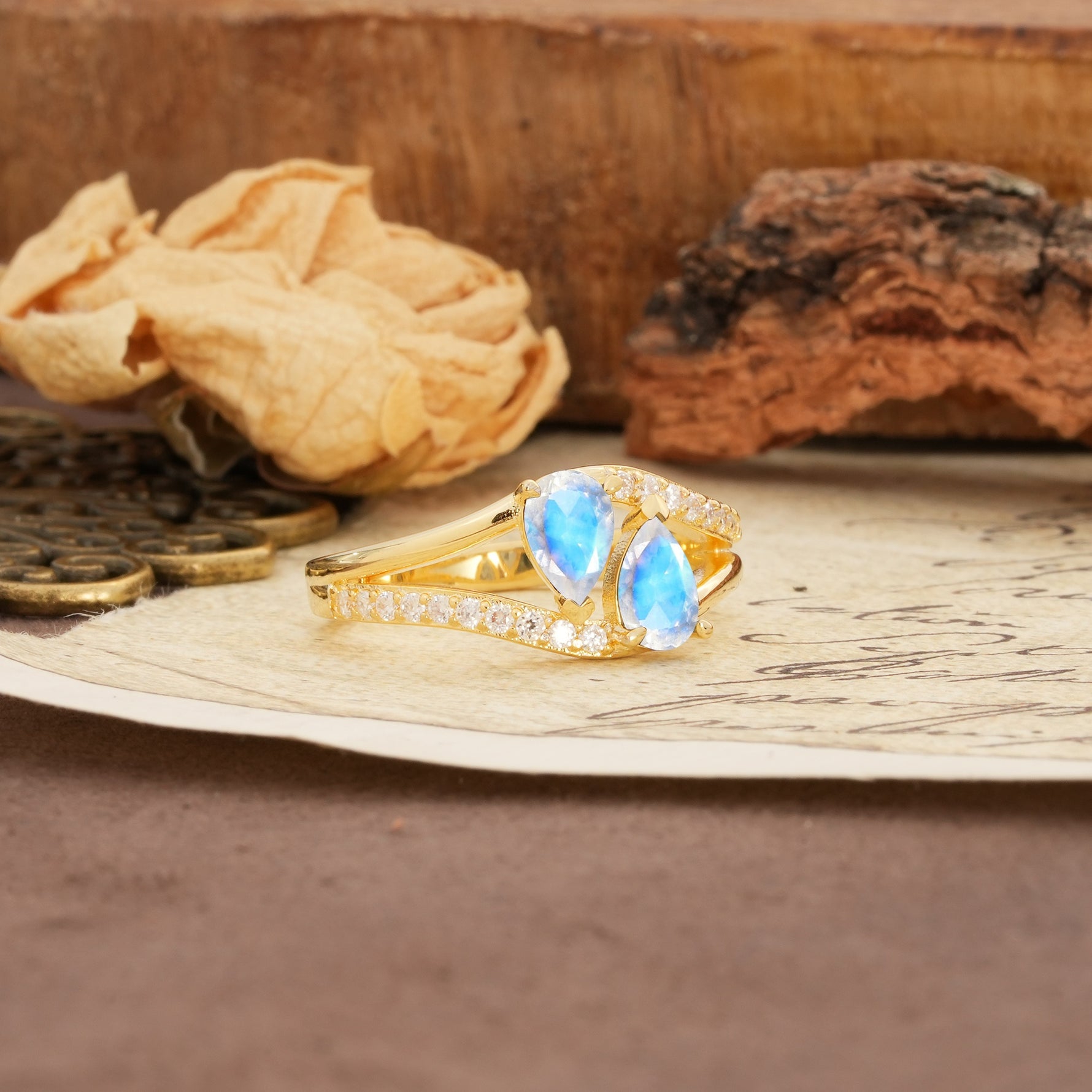 Luxurious 3-Prong Double Pear-Cut Moonstone Engagement Ring - Additional view