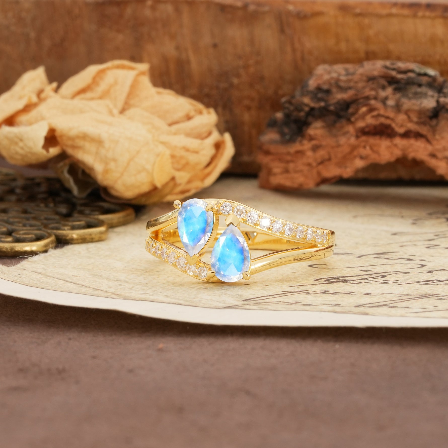 Luxurious 3-Prong Double Pear-Cut Moonstone Engagement Ring - Additional view