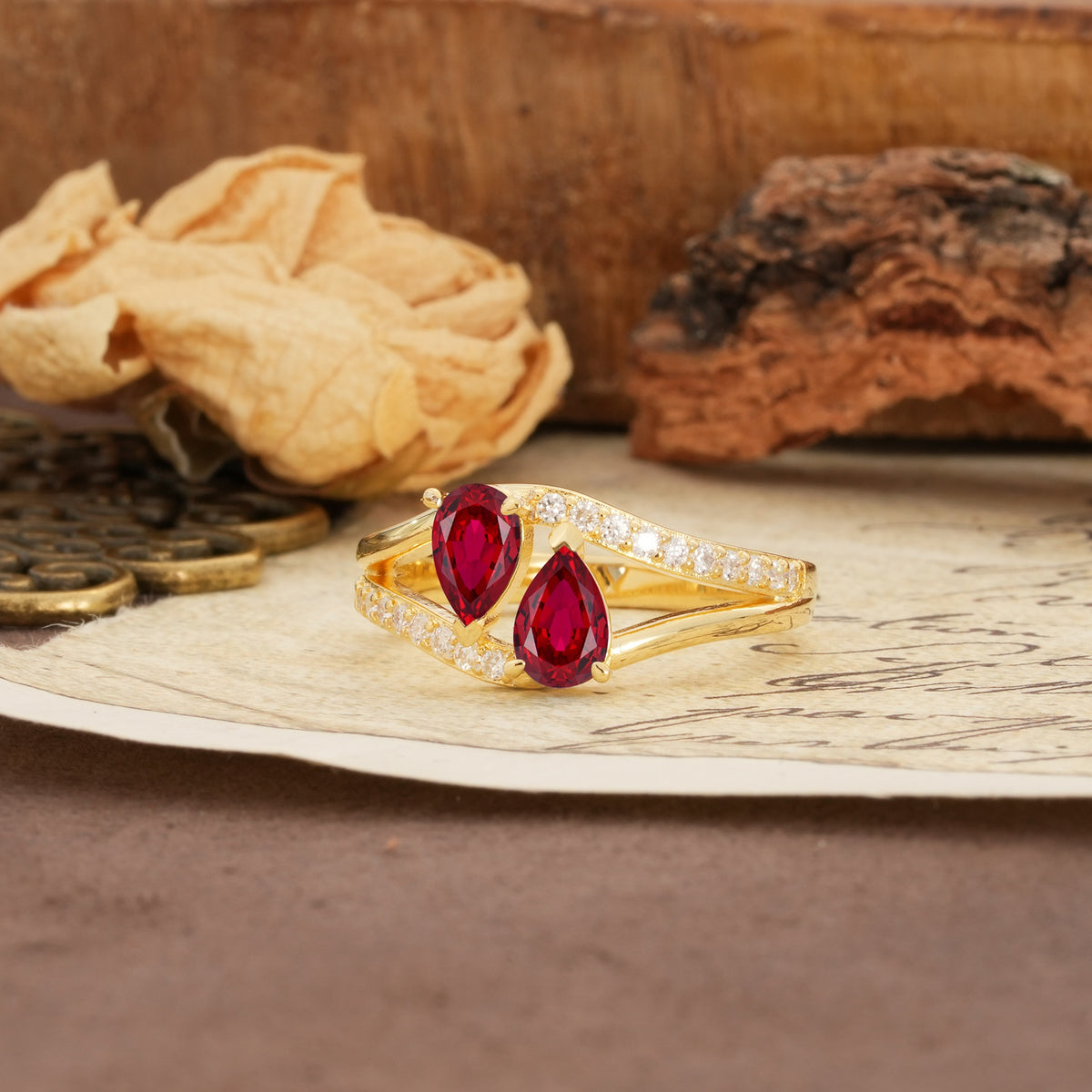 Luxurious 3-Prong Double Pear-Cut Ruby Engagement Ring - Additional view