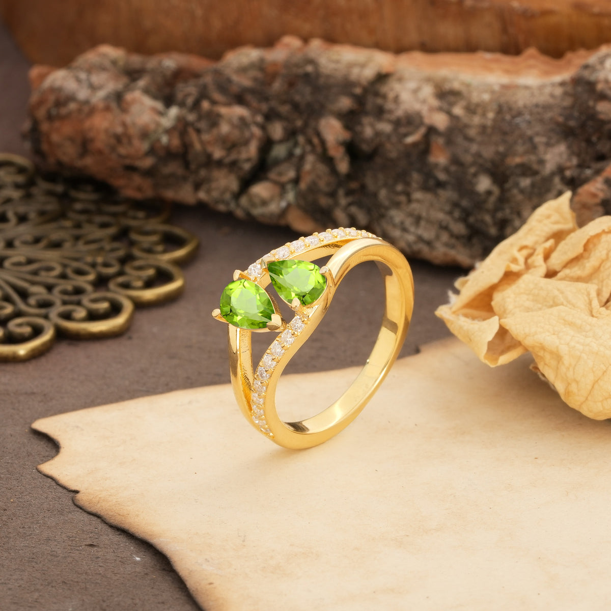 Luxurious 3-Prong Double Pear-Cut Peridot Engagement Ring - Additional view