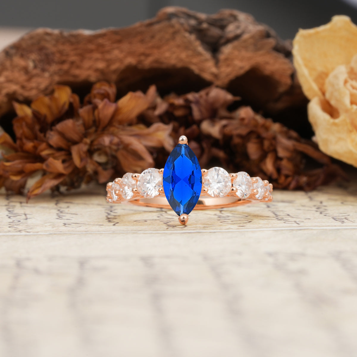 Luxurious Vintage-Style Pavé 2-Prong Marquise-Cut Sapphire Engagement Ring - Additional view