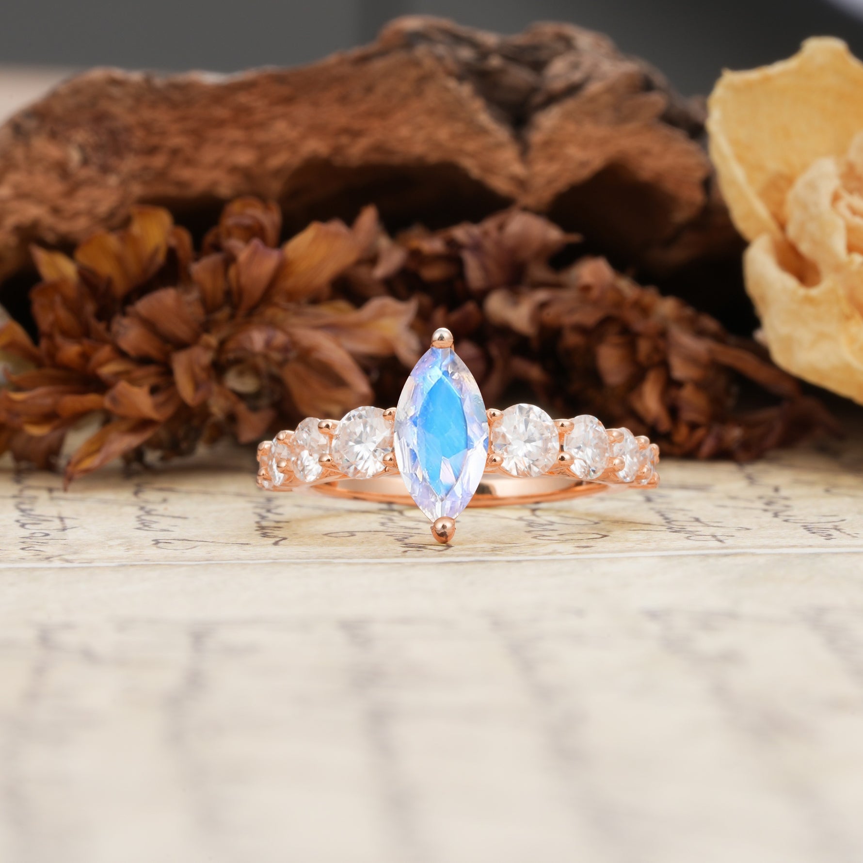 Luxurious Vintage-Style Pavé 2-Prong Marquise-Cut Moonstone Engagement Ring - Additional view