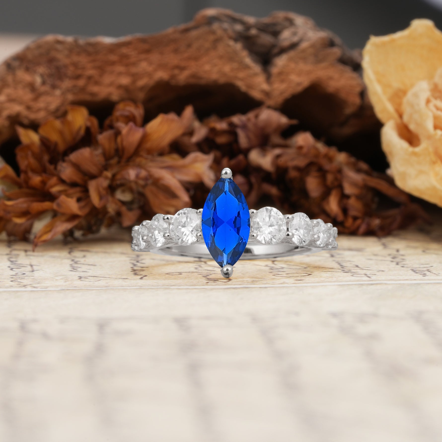 Luxurious Vintage-Style Pavé 2-Prong Marquise-Cut Sapphire Engagement Ring - Additional view