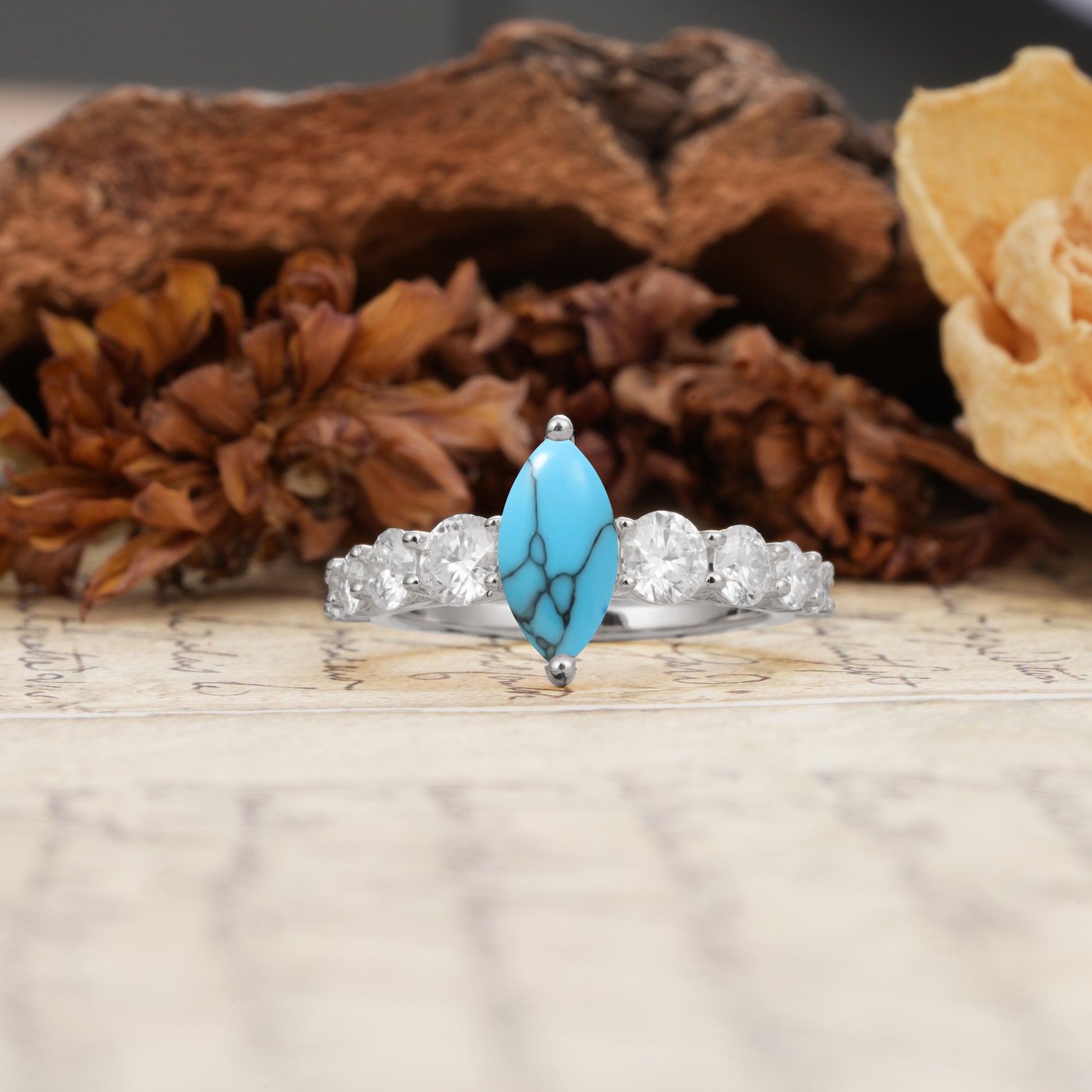 Luxurious Vintage-Style Pavé 2-Prong Marquise-Cut Turquoise Engagement Ring - Additional view