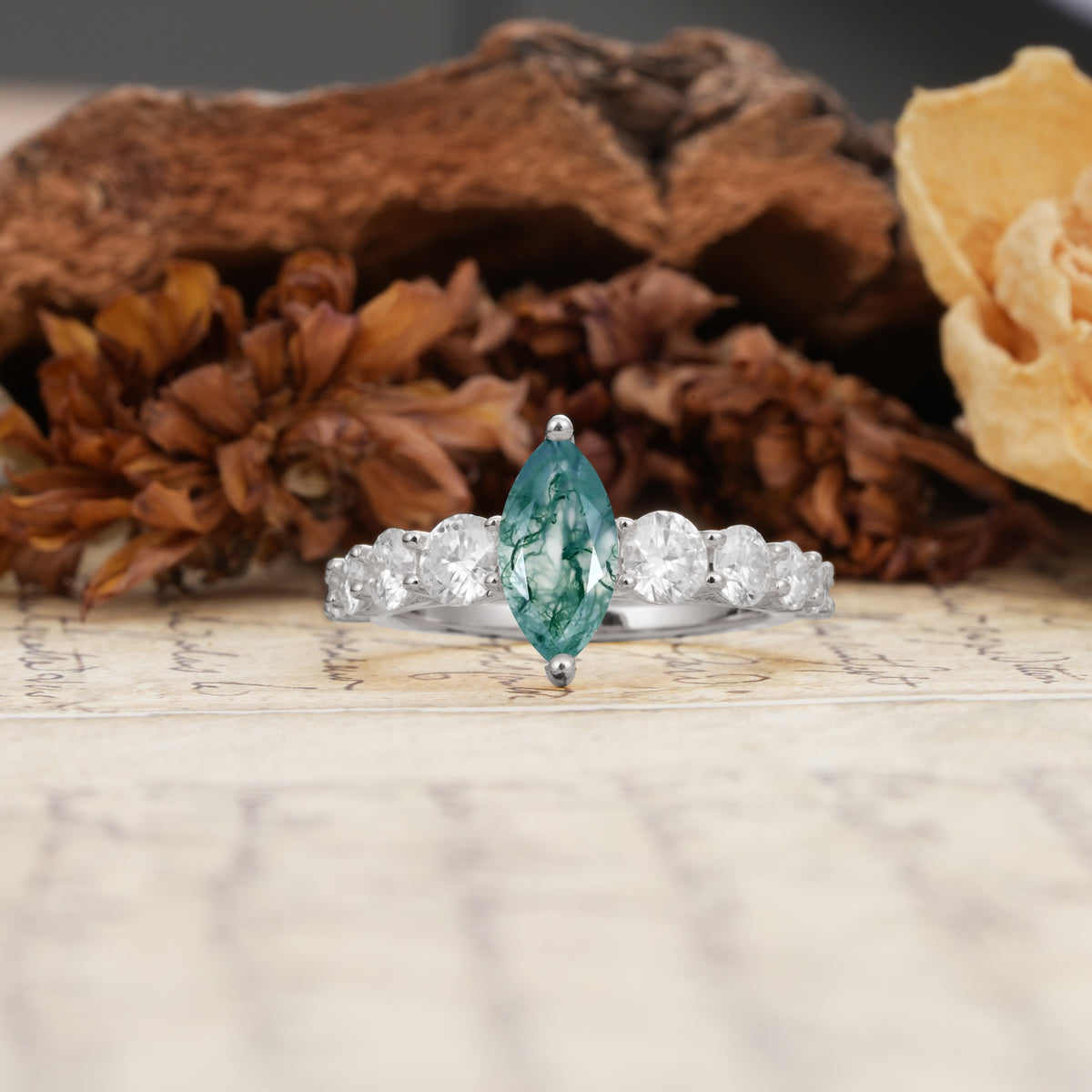 Luxurious Vintage-Style Pavé 2-Prong Marquise-Cut Moss Agate Engagement Ring - Additional view