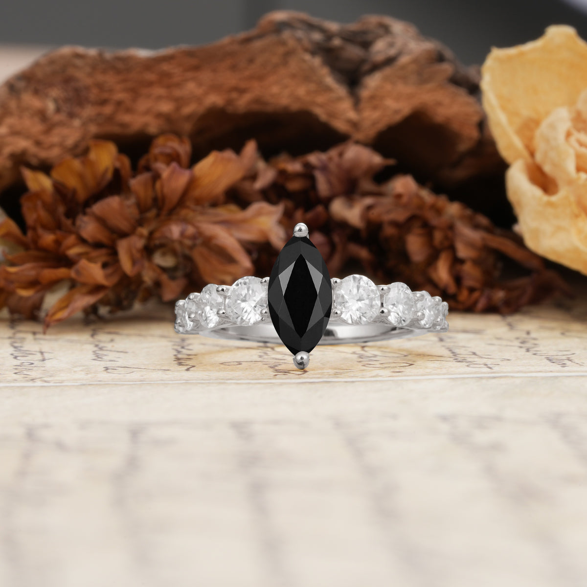 Luxurious Vintage-Style Pavé 2-Prong Marquise-Cut Black Onyx Engagement Ring - Additional view