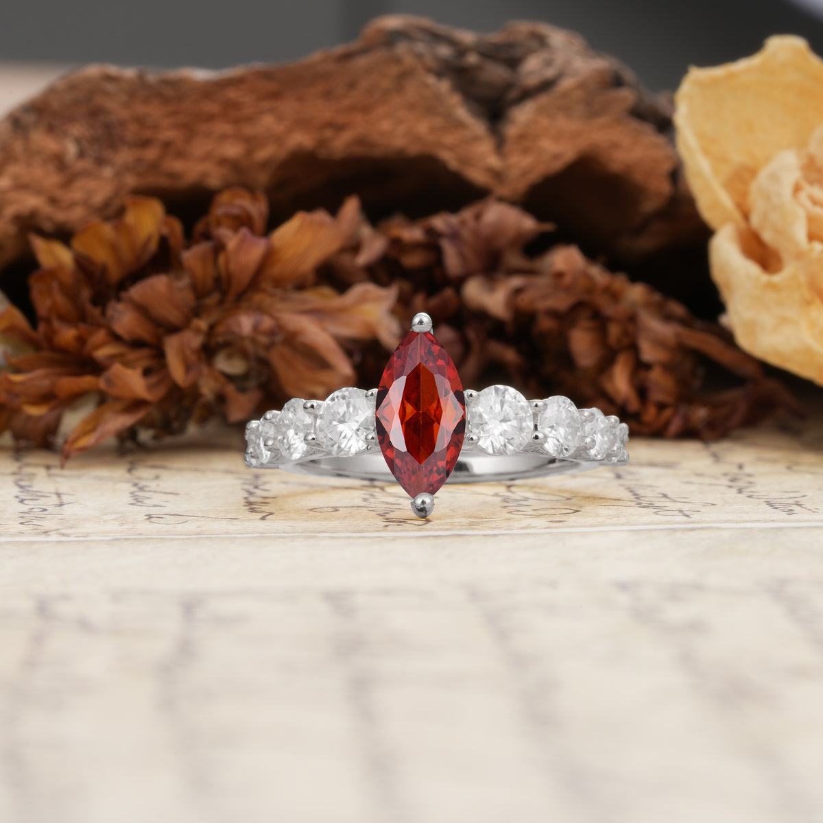 Luxurious Vintage-Style Pavé 2-Prong Marquise-Cut Garnet Engagement Ring - Additional view
