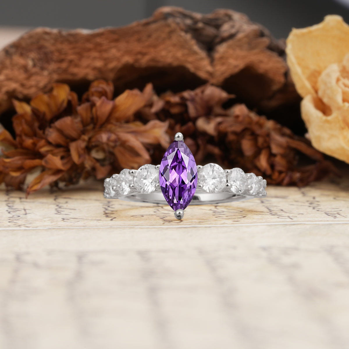 Luxurious Vintage-Style Pavé 2-Prong Marquise-Cut Amethyst Engagement Ring - Additional view