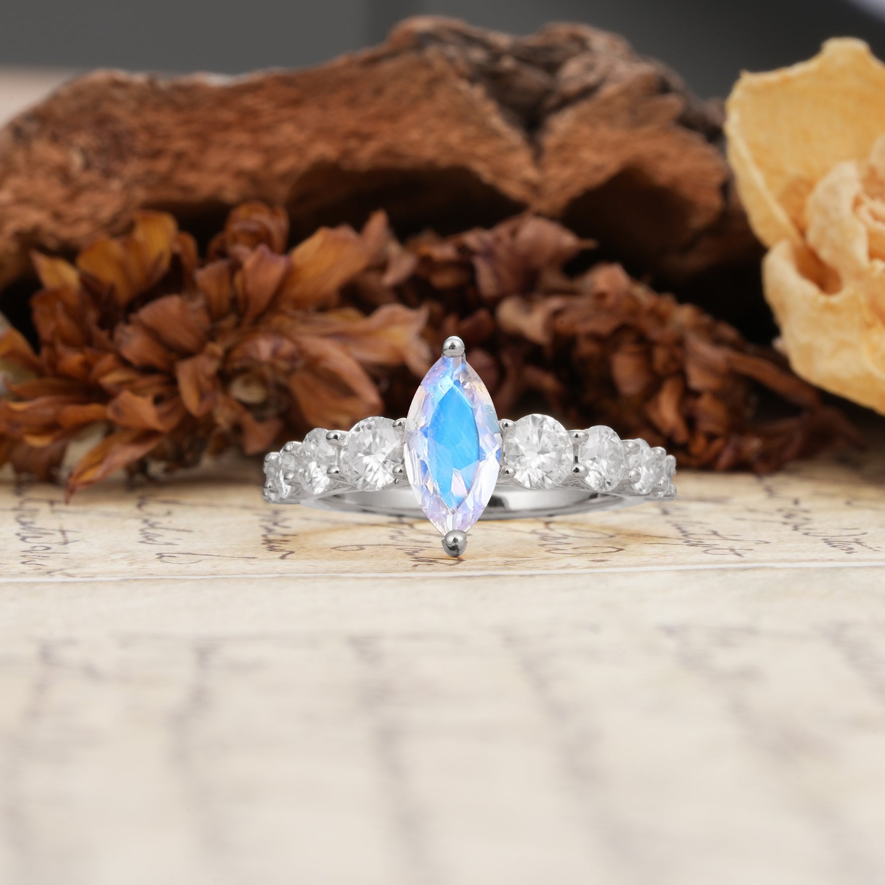 Luxurious Vintage-Style Pavé 2-Prong Marquise-Cut Moonstone Engagement Ring - Additional view
