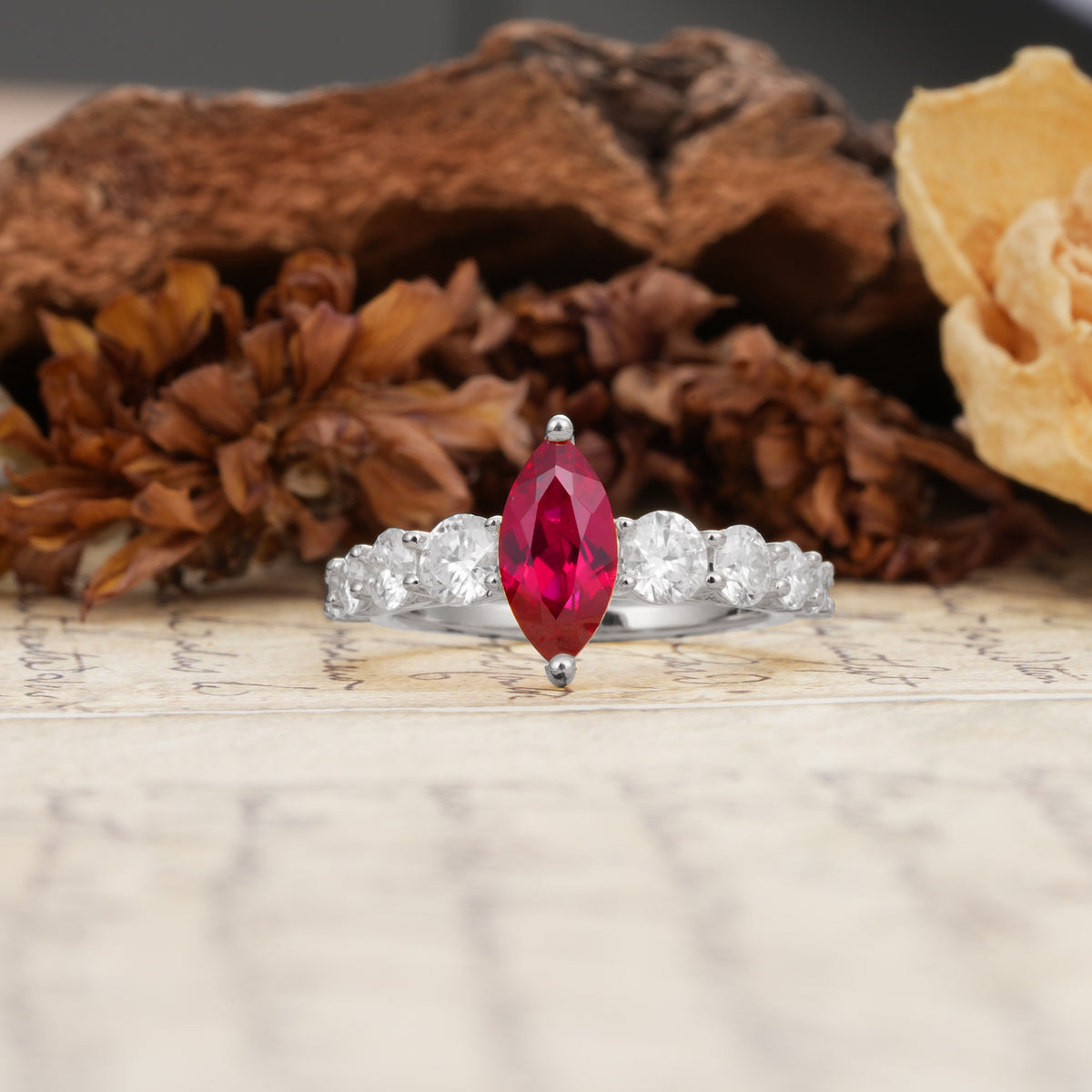 Luxurious Vintage-Style Pavé 2-Prong Marquise-Cut Ruby Engagement Ring - Additional view