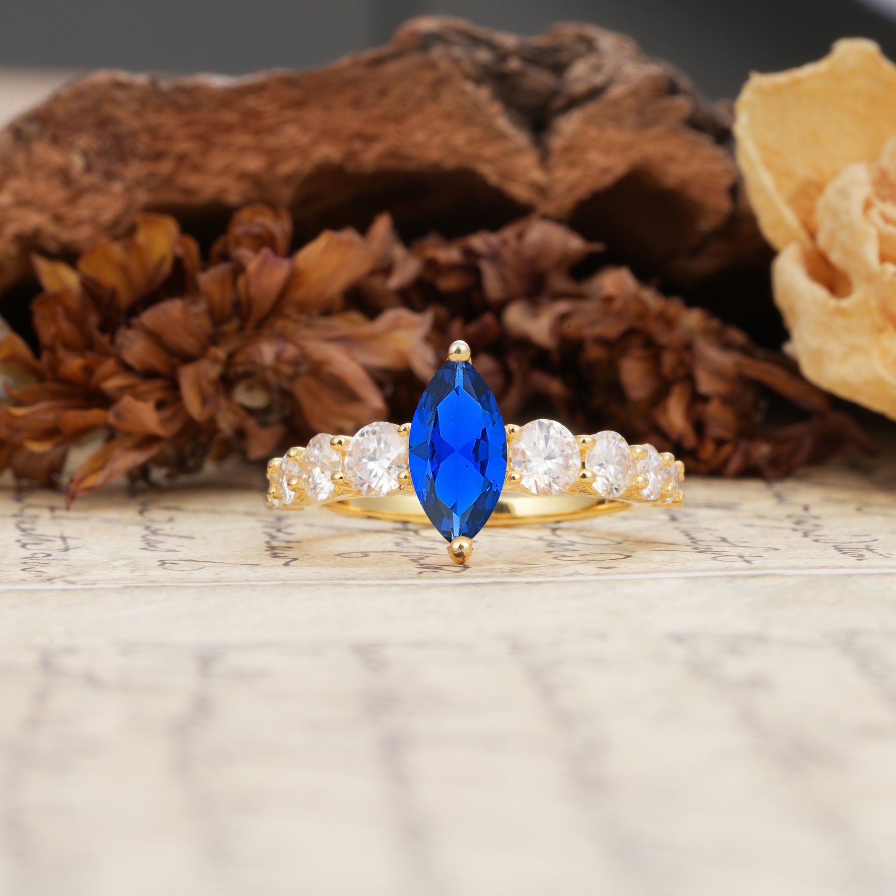 Luxurious Vintage-Style Pavé 2-Prong Marquise-Cut Sapphire Engagement Ring - Additional view