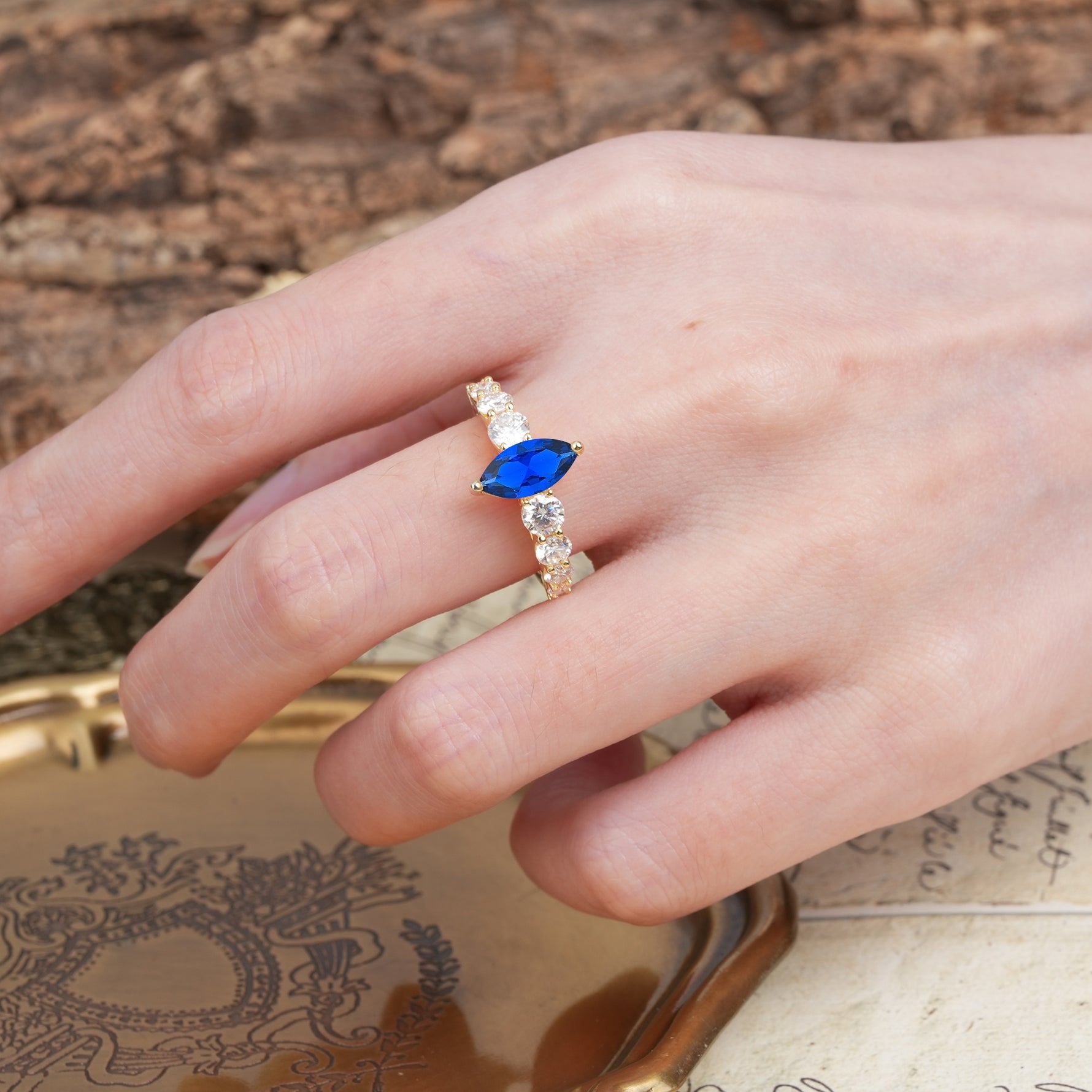 Luxurious Vintage-Style Pavé 2-Prong Marquise-Cut Sapphire Engagement Ring - Additional view