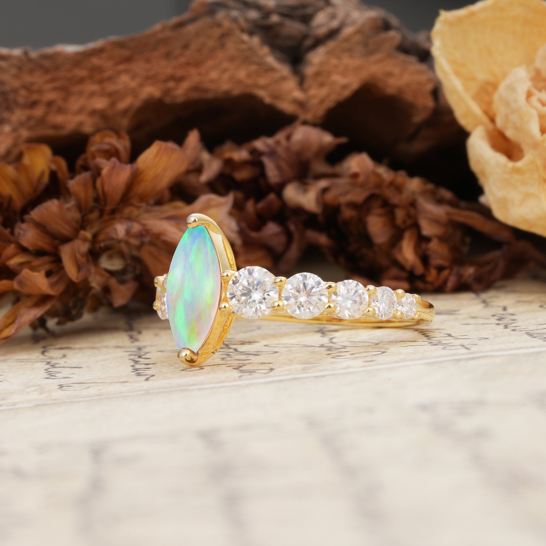 Luxurious Vintage-Style Pavé 2-Prong Marquise-Cut Fire Opal Engagement Ring - Additional view