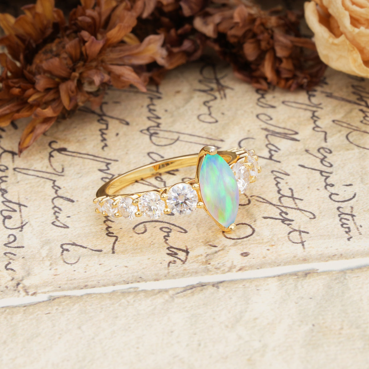 Luxurious Vintage-Style Pavé 2-Prong Marquise-Cut Fire Opal Engagement Ring - Additional view