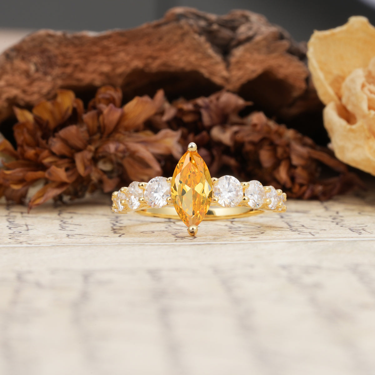 Luxurious Vintage-Style Pavé 2-Prong Marquise-Cut Citrine Engagement Ring - Additional view