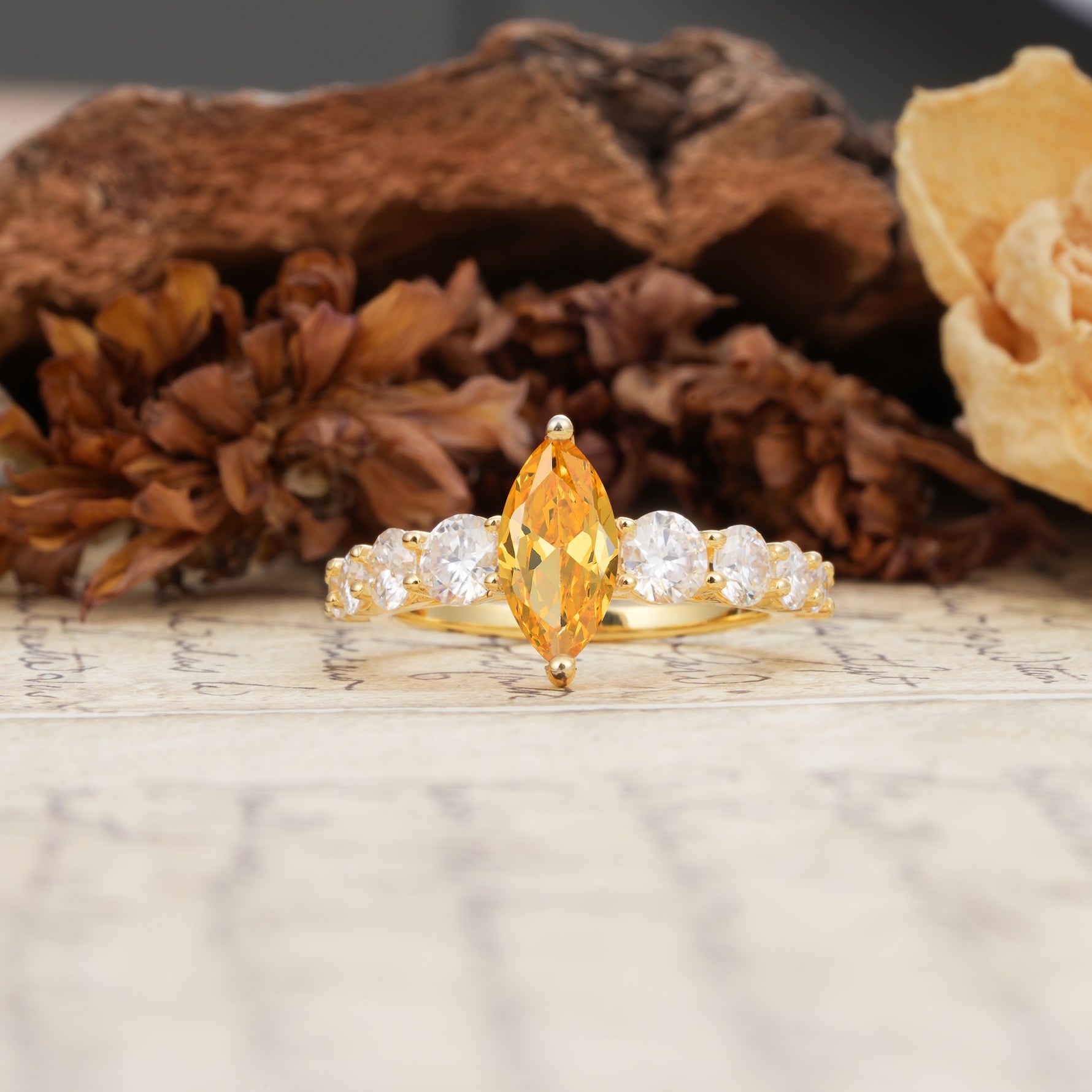 Luxurious Vintage-Style Pavé 2-Prong Marquise-Cut Citrine Engagement Ring - Additional view