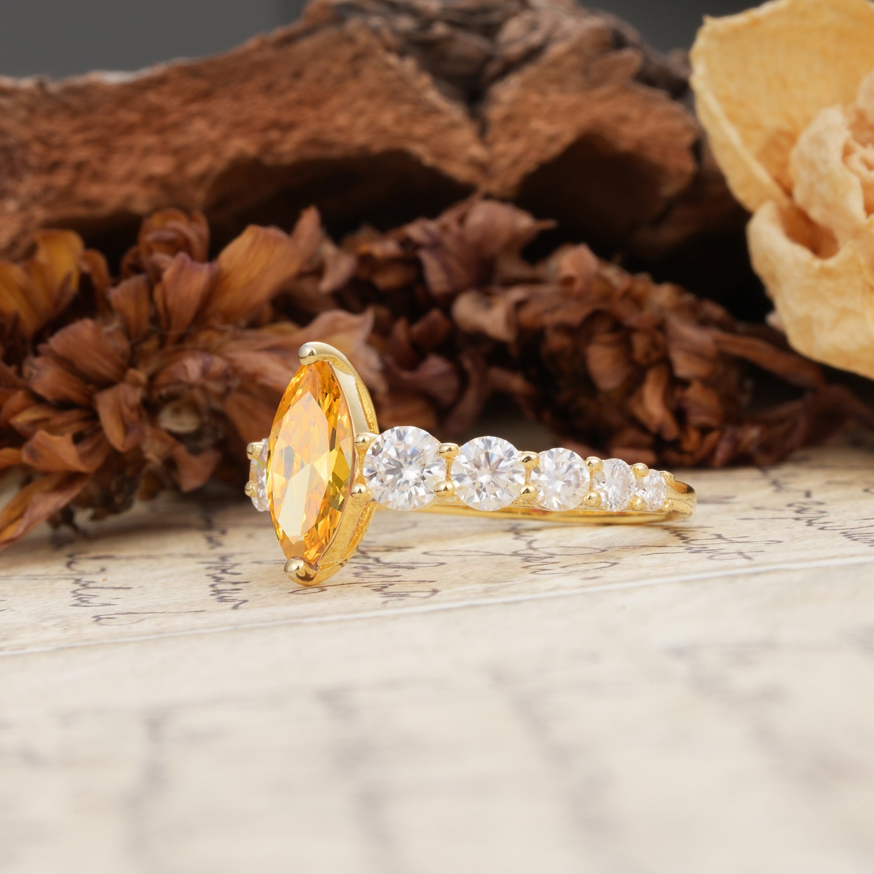 Luxurious Vintage-Style Pavé 2-Prong Marquise-Cut Citrine Engagement Ring - Additional view