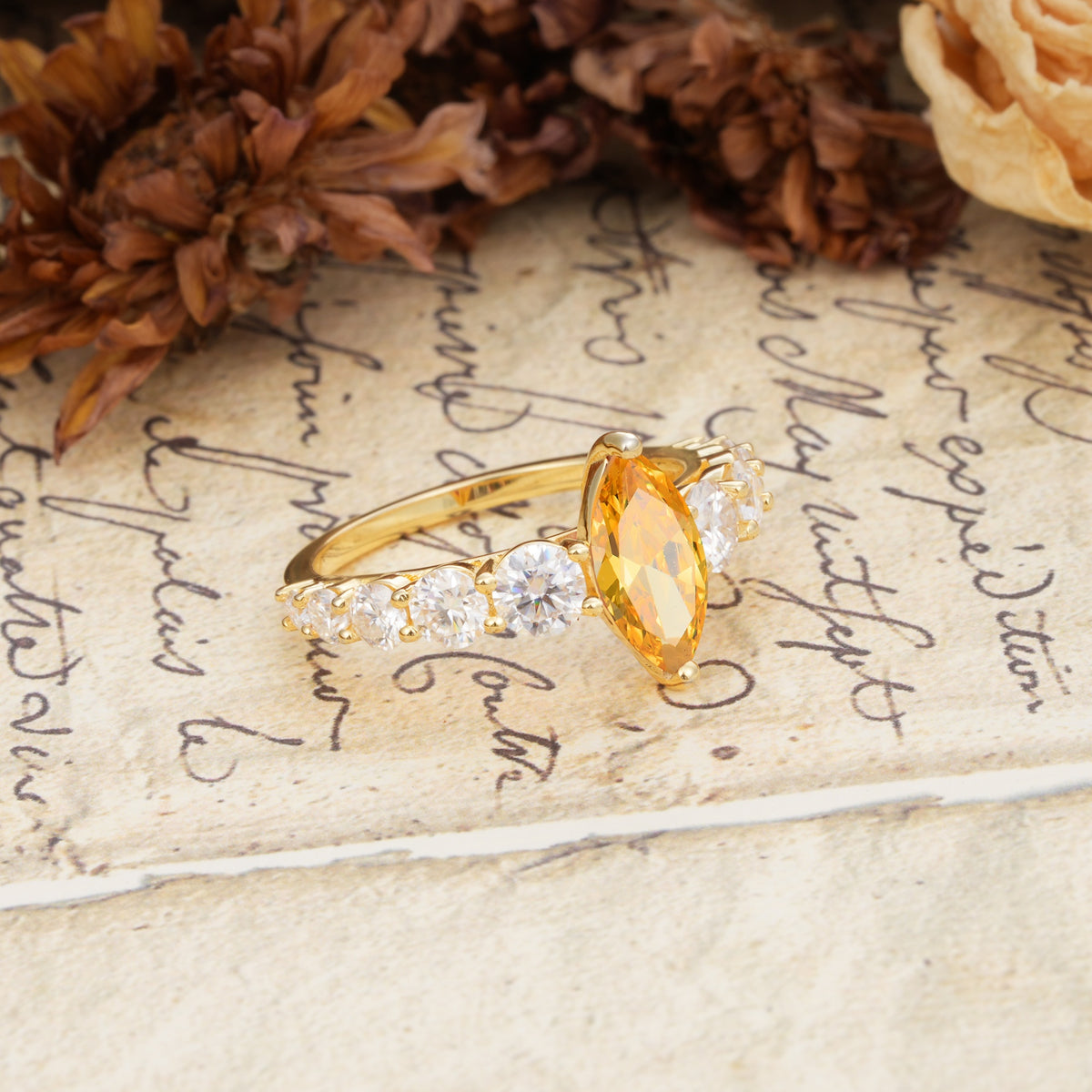 Luxurious Vintage-Style Pavé 2-Prong Marquise-Cut Citrine Engagement Ring - Additional view