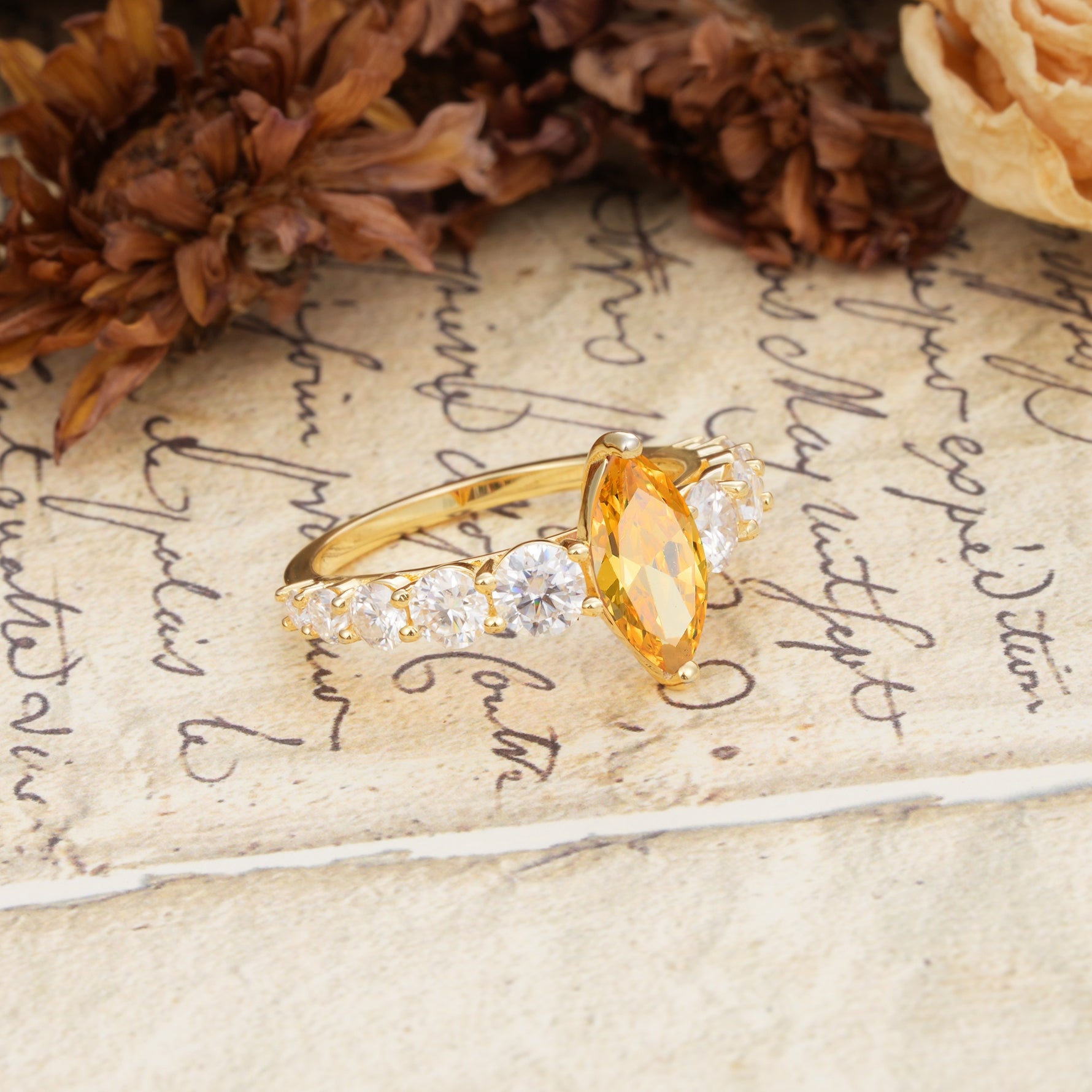 Luxurious Vintage-Style Pavé 2-Prong Marquise-Cut Citrine Engagement Ring - Additional view