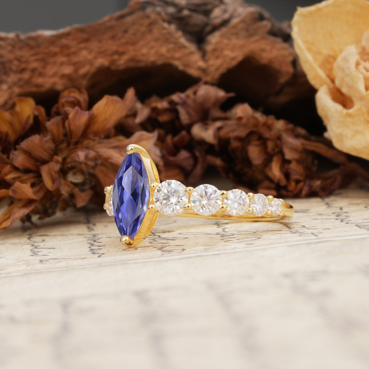 Luxurious Vintage-Style Pavé 2-Prong Marquise-Cut Tanzanite Engagement Ring - Additional view
