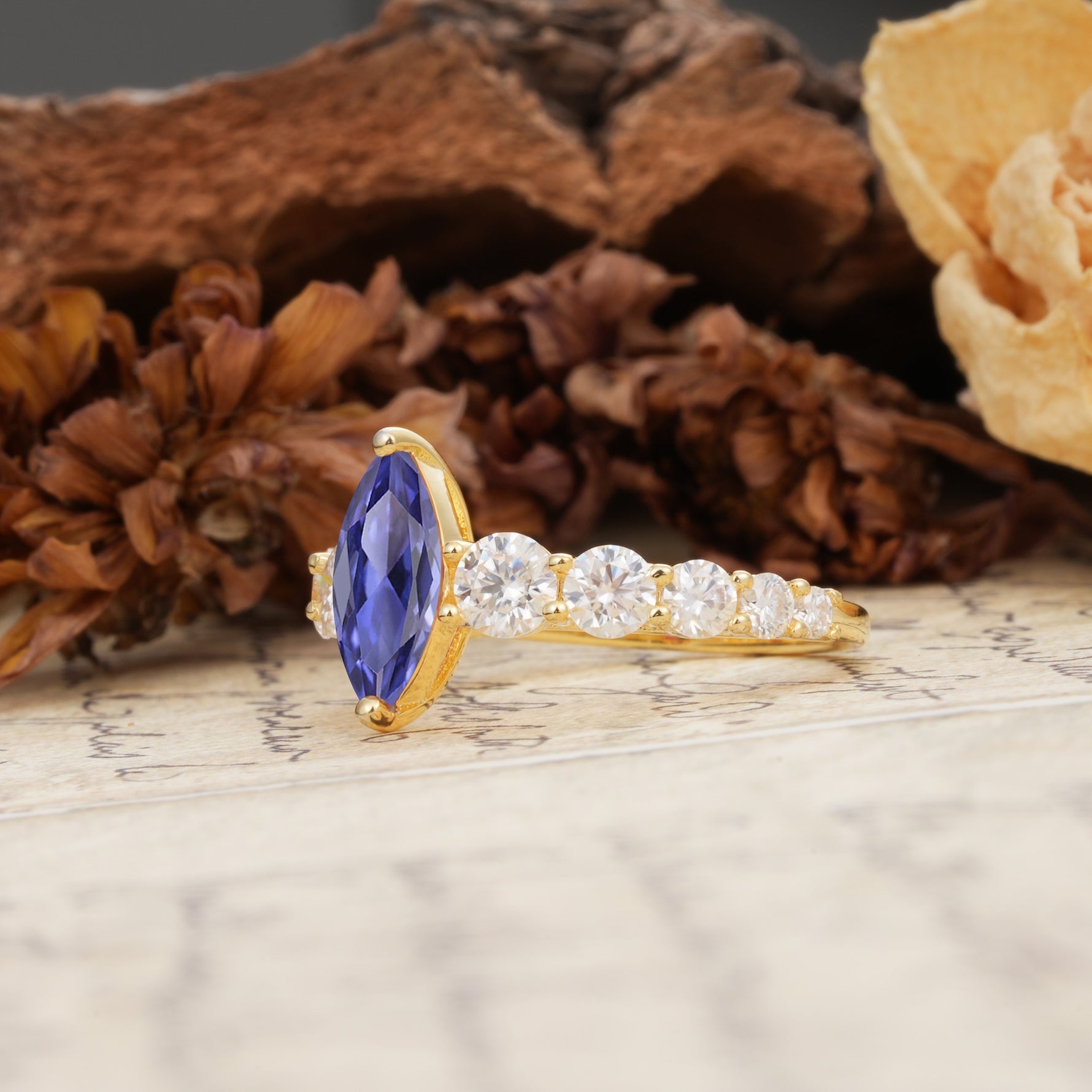 Luxurious Vintage-Style Pavé 2-Prong Marquise-Cut Tanzanite Engagement Ring - Additional view