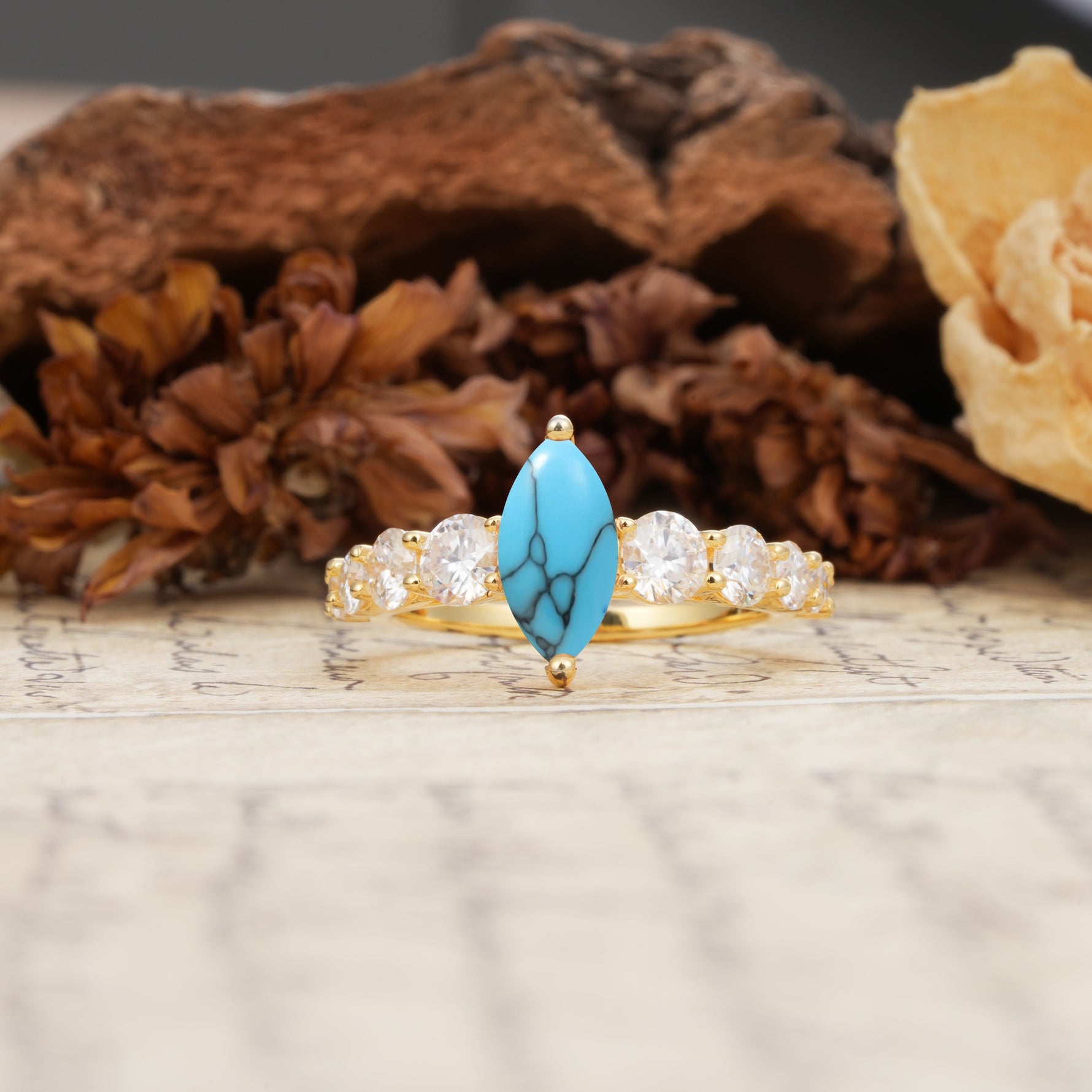 Luxurious Vintage-Style Pavé 2-Prong Marquise-Cut Turquoise Engagement Ring - Additional view